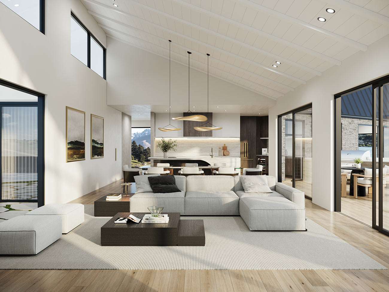 3D Render of luxury open plan living kitchen and dining area featuring high ceiling large windows sectional sofa timber flooring indoor outdoor connection and modern contemporary design