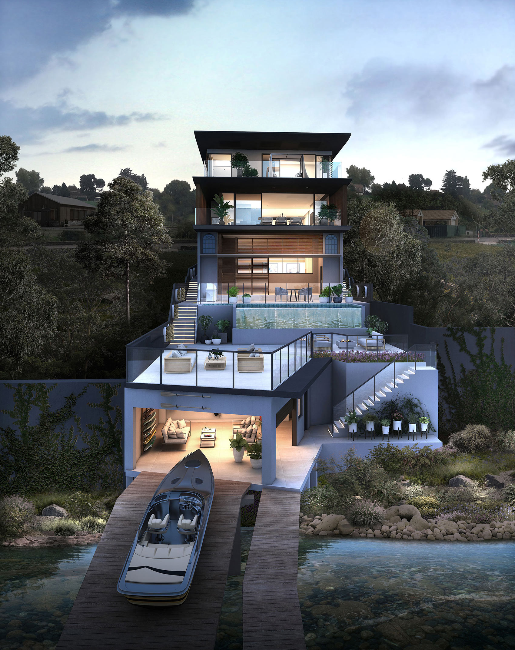 3D Render luxury modern waterfront home with multi level terraced design glass balconies private boat dock outdoor living spaces and evening lighting