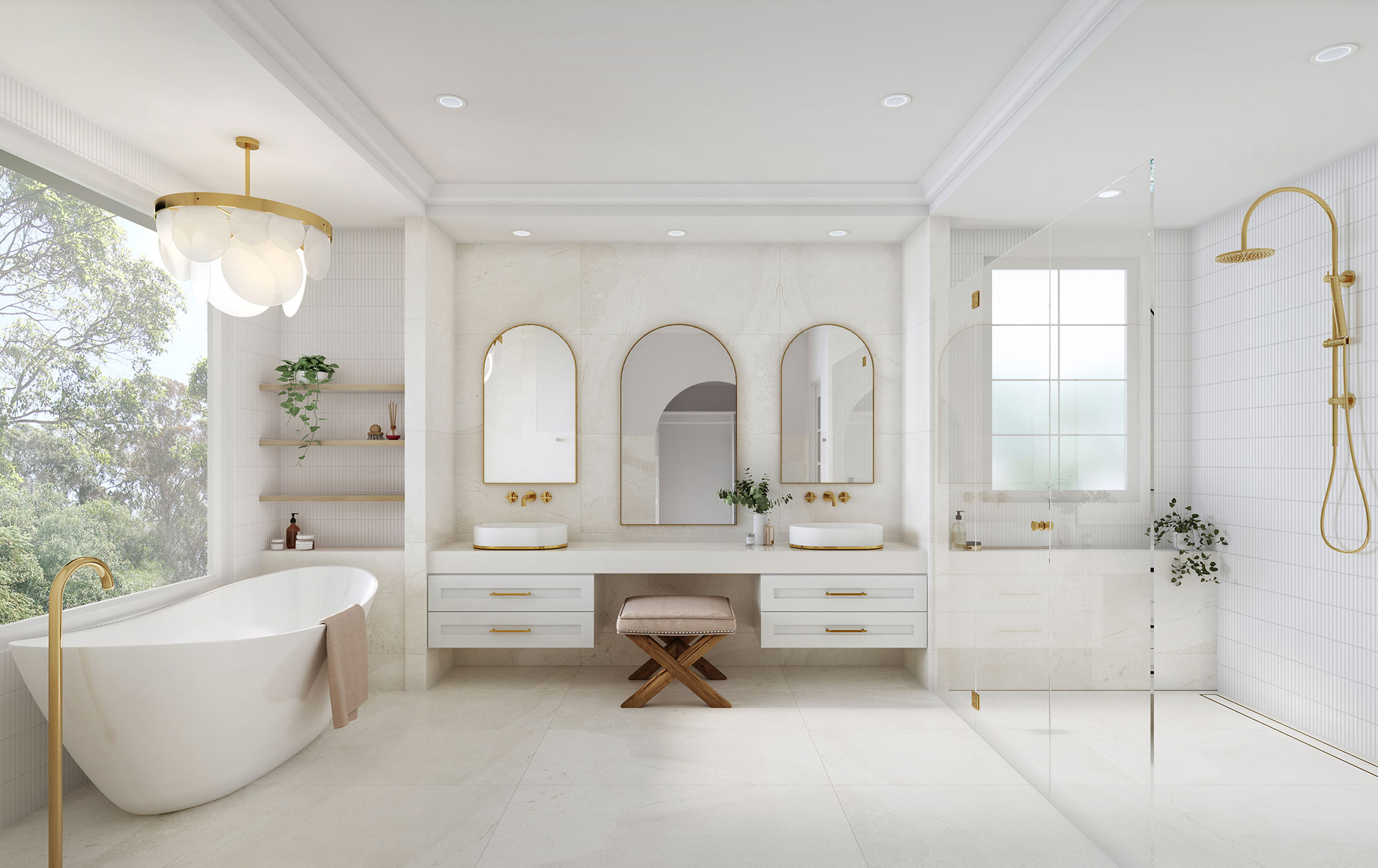 3D render luxury white bathroom with double vanity freestanding bathtub gold fixtures glass shower bright modern spa interior