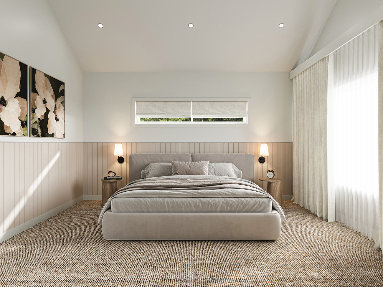 3D render minimalist bedroom with neutral tones soft lighting upholstered bed wall paneling bedside lamps and sheer curtains