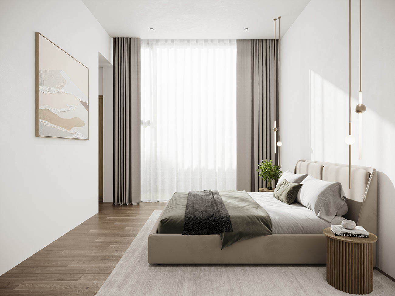 3D render minimalist bedroom with soft neutral tones sheer curtains modern lighting upholstered bed and clean elegant decor