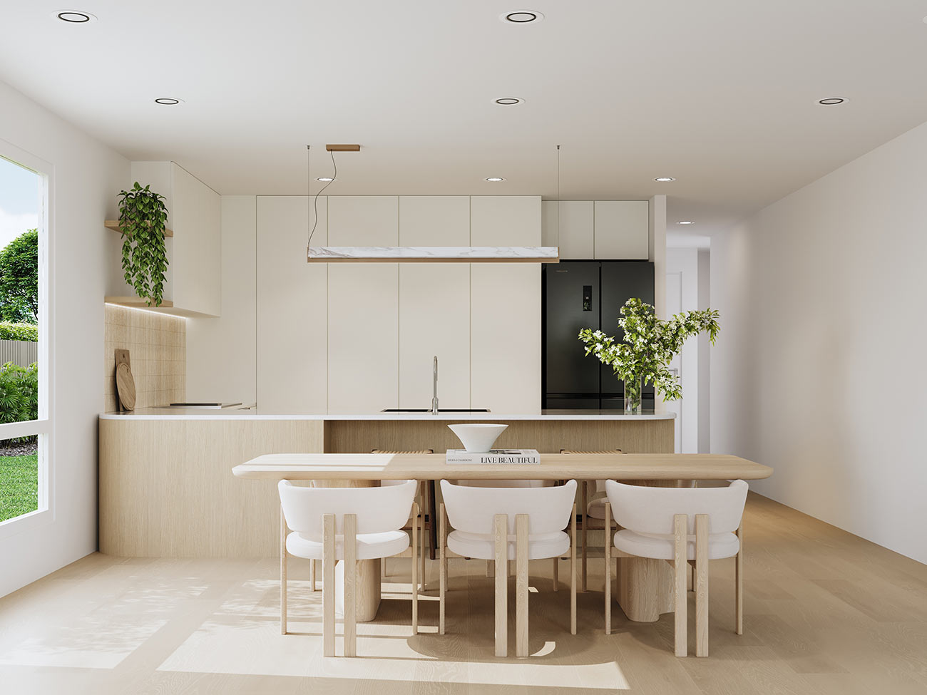 3D render minimalist light wood kitchen dining area open plan modern interior with natural tones