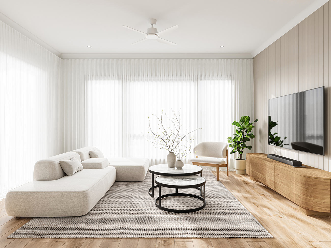 3D render minimalist living room with neutral tones sofa coffee table tv unit large window natural light modern interior design