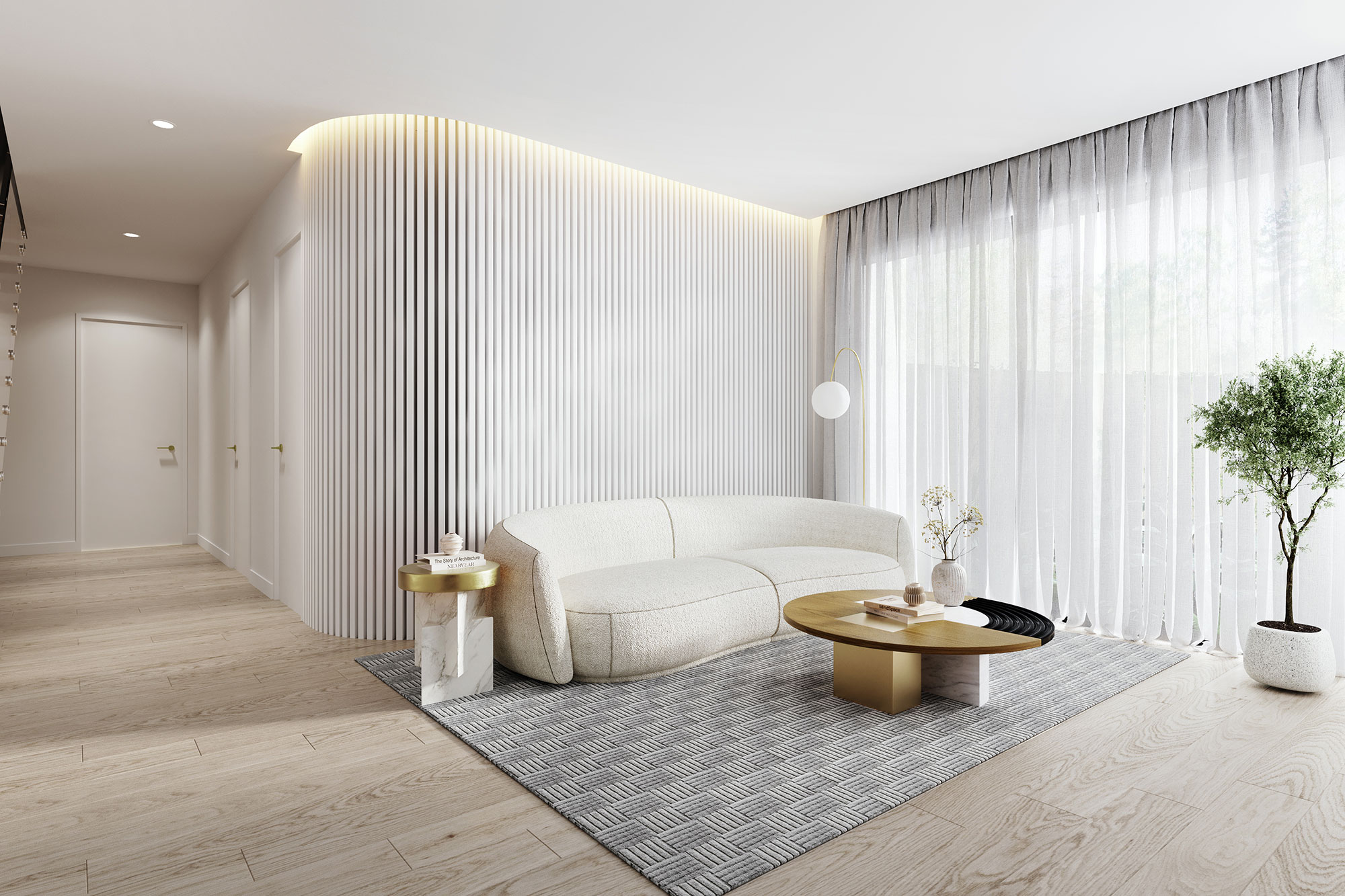 3D render of minimalist living room with curved sofa neutral tones soft lighting sheer curtains and modern interior design