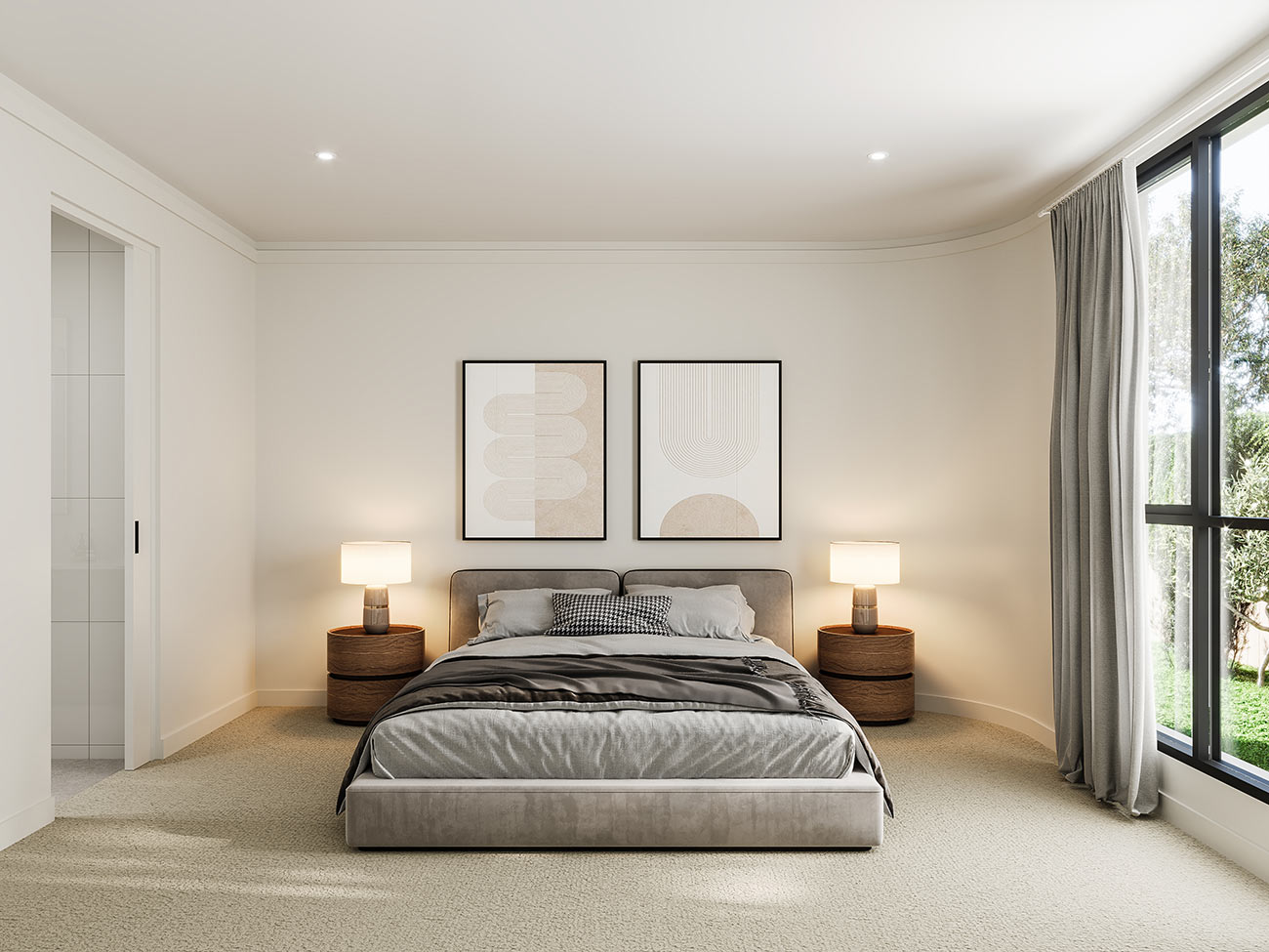 3D render minimalist master bedroom with symmetrical layout neutral tones soft lighting upholstered bed bedside tables and modern wall art