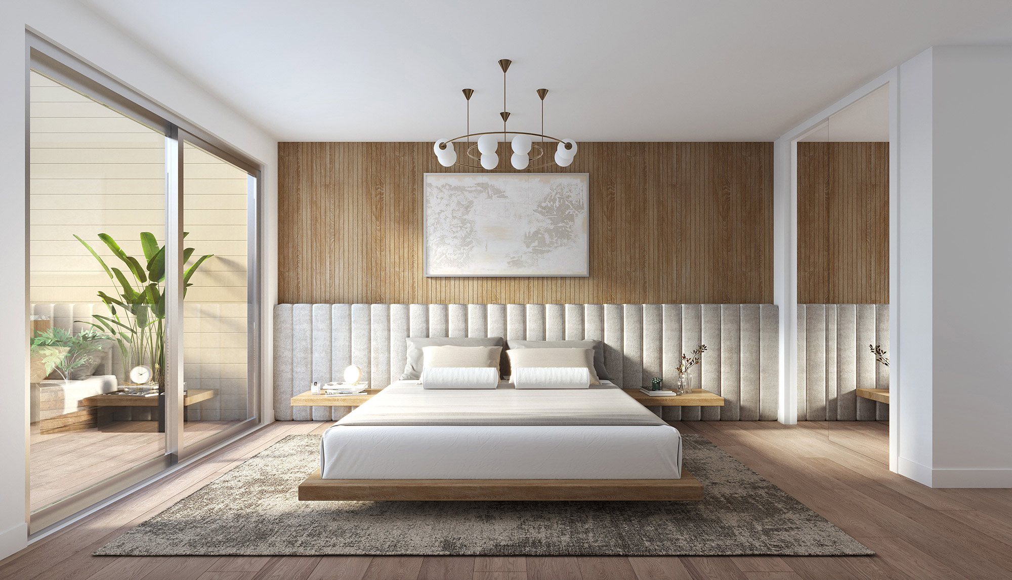3D render minimalist master bedroom with symmetrical layout neutral tones soft lighting upholstered bed bedside tables and modern wall art