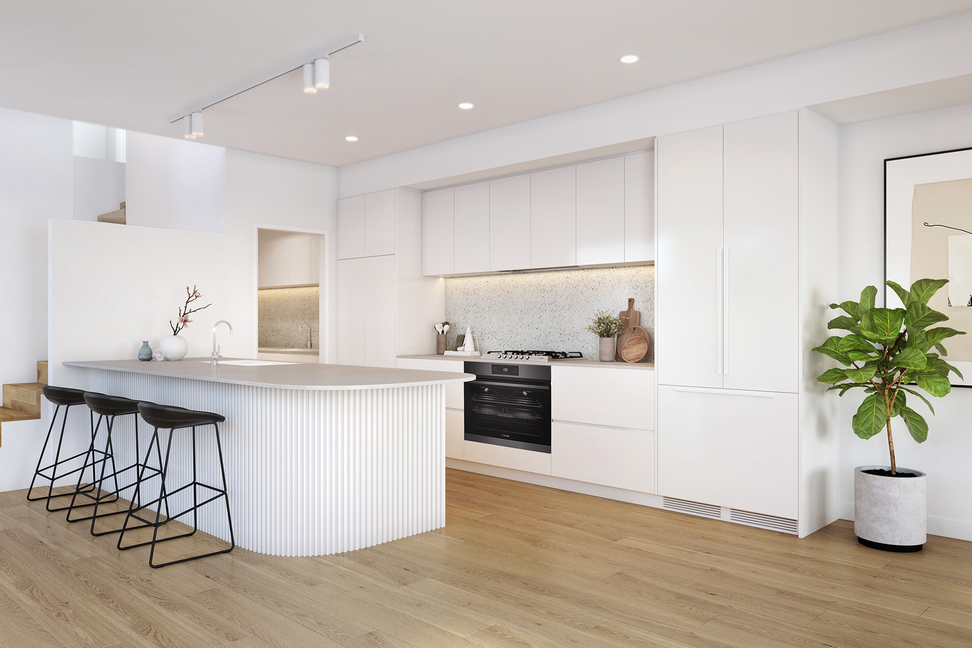 3D Render of minimalist white kitchen featuring curved fluted island integrated cabinetry timber flooring bar stools and clean contemporary interior design