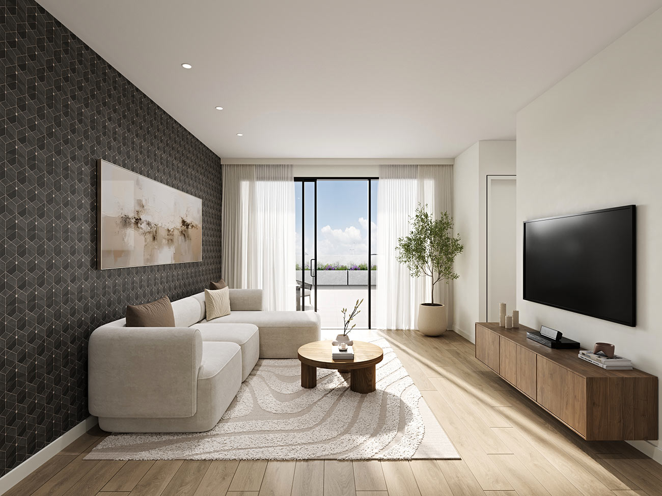 3D render modern apartment living room with sofa tv unit feature wall balcony sliding doors natural light contemporary interior design