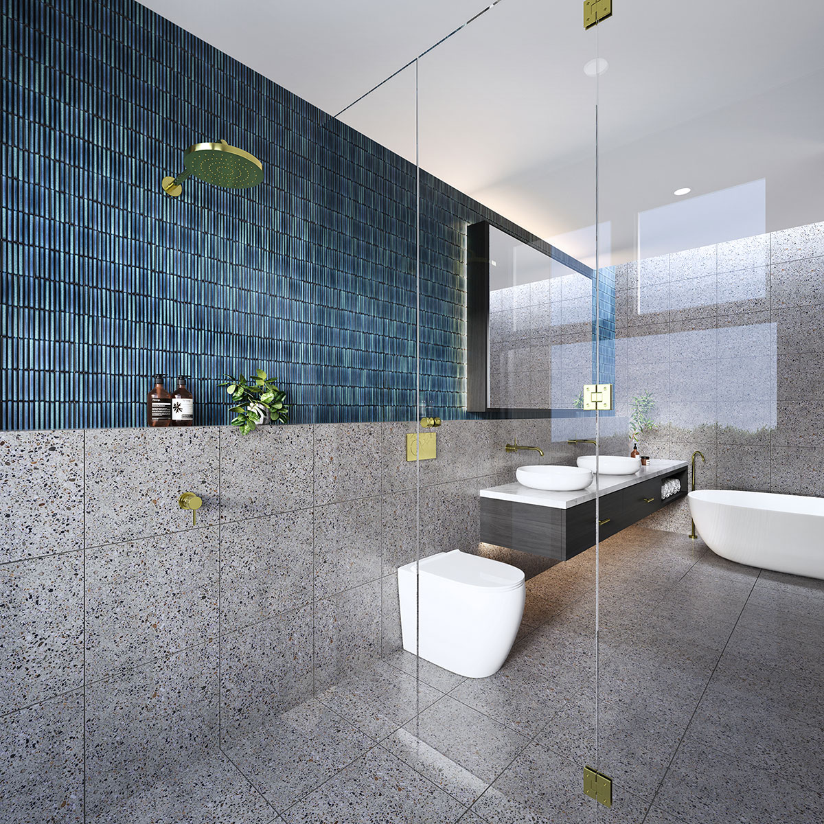 3D render modern bathroom with blue tile feature wall terrazzo tiles walk in shower double vanity freestanding bathtub gold fixtures contemporary interior