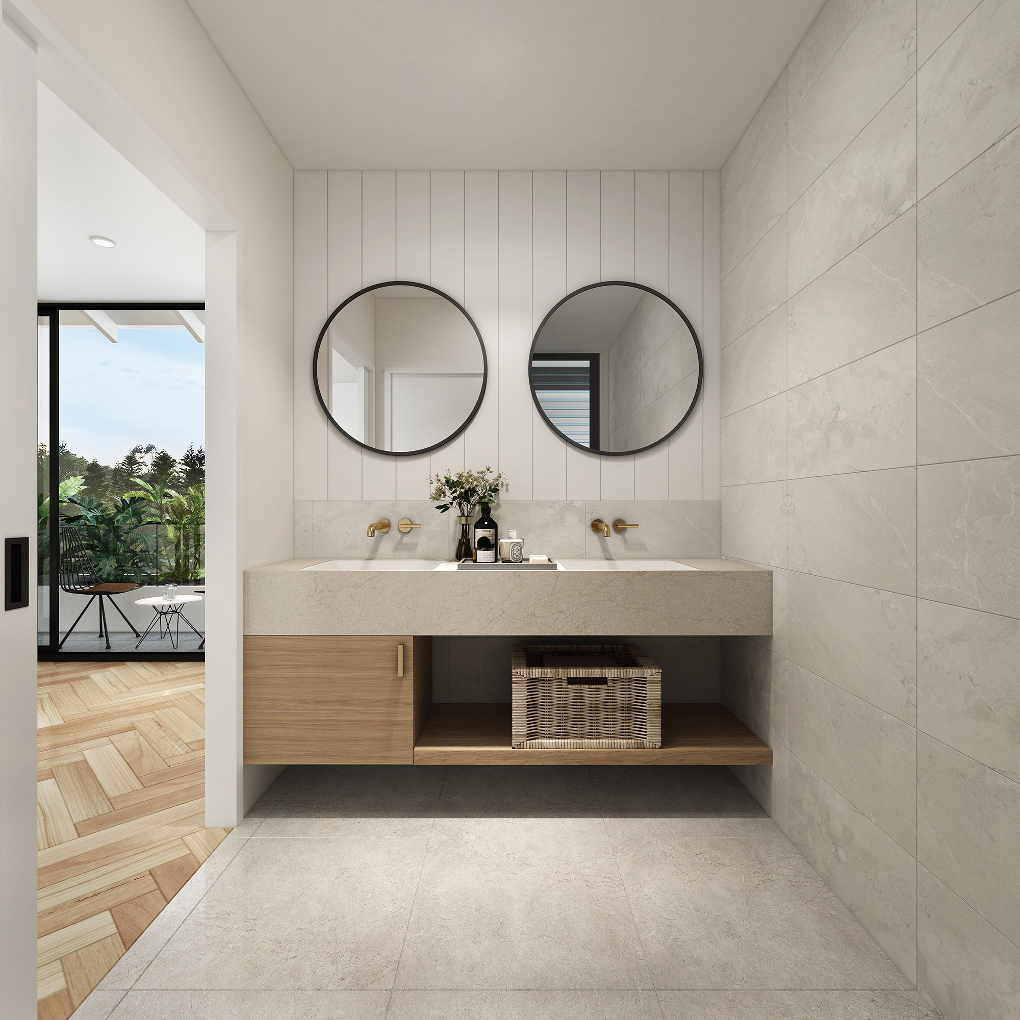 3D render modern bathroom with double sink vanity stone countertop wooden cabinet round mirrors minimalist design natural materials and soft lighting