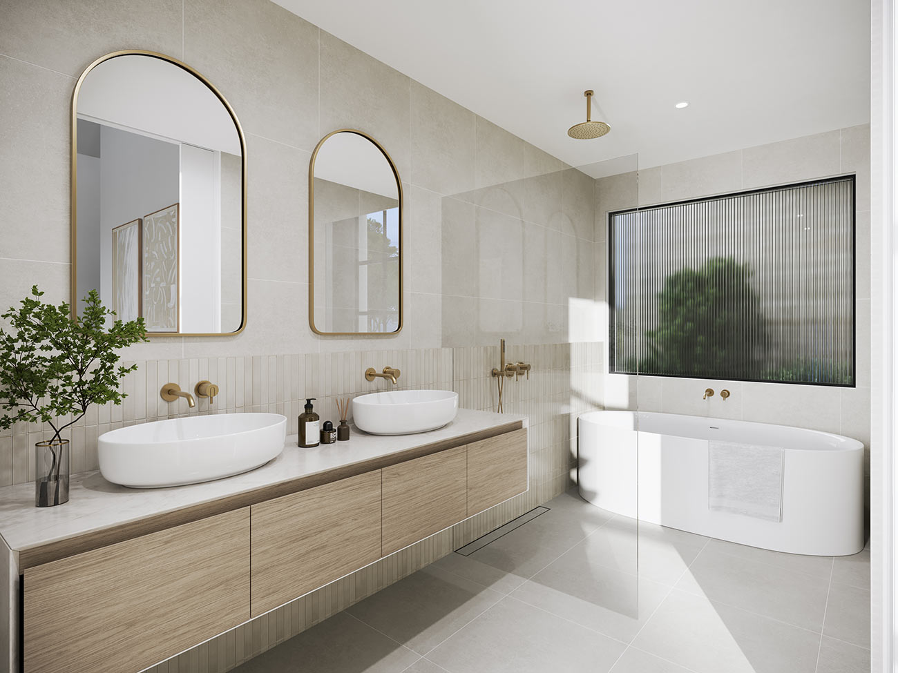 3D render modern bathroom with double vanity vessel sinks freestanding bathtub glass shower neutral tones large window and minimalist interior design
