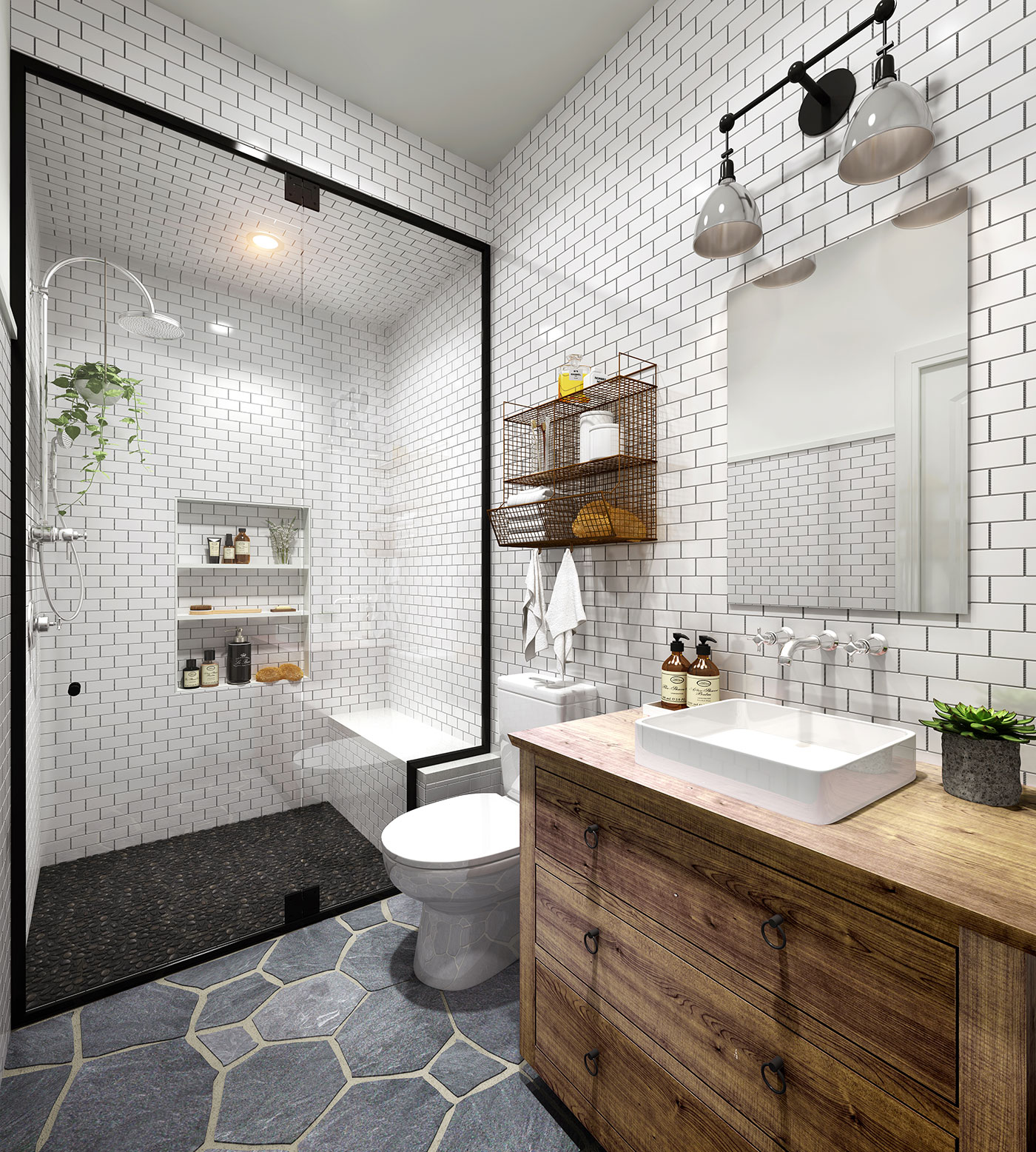 3D render modern farmhouse bathroom with white subway tiles glass shower enclosure wooden vanity rustic flooring and contemporary interior design