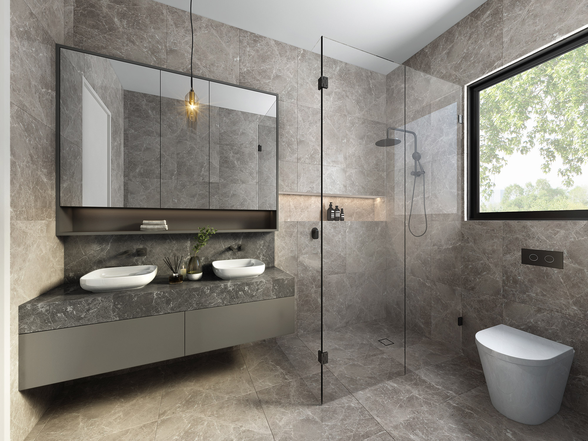 3D render modern bathroom with double vanity vessel sinks glass shower enclosure stone tiles floating cabinet and contemporary interior design
