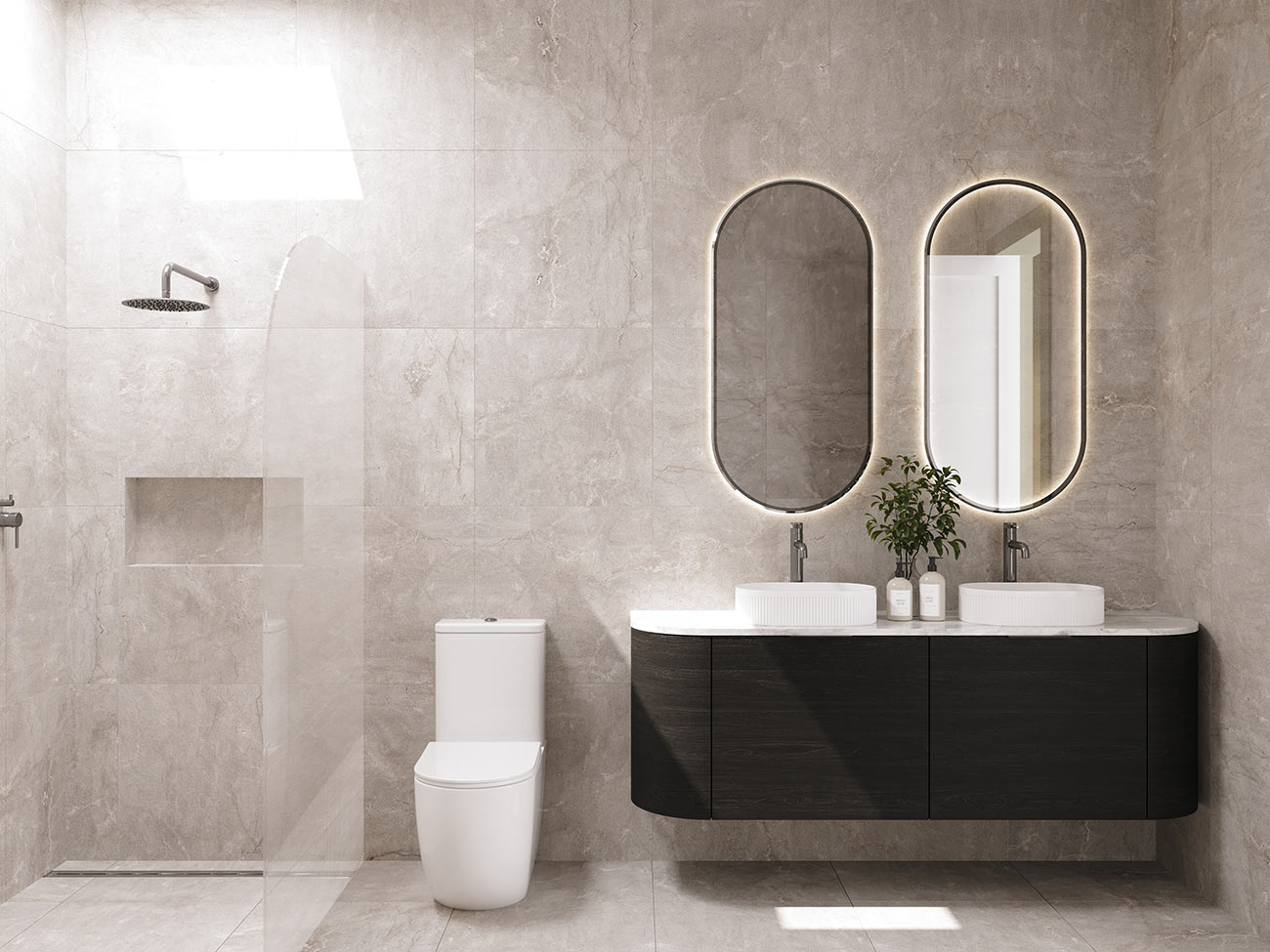 3d render modern bathroom with double vanity led mirrors walk in shower glass partition stone walls floating cabinet contemporary interior