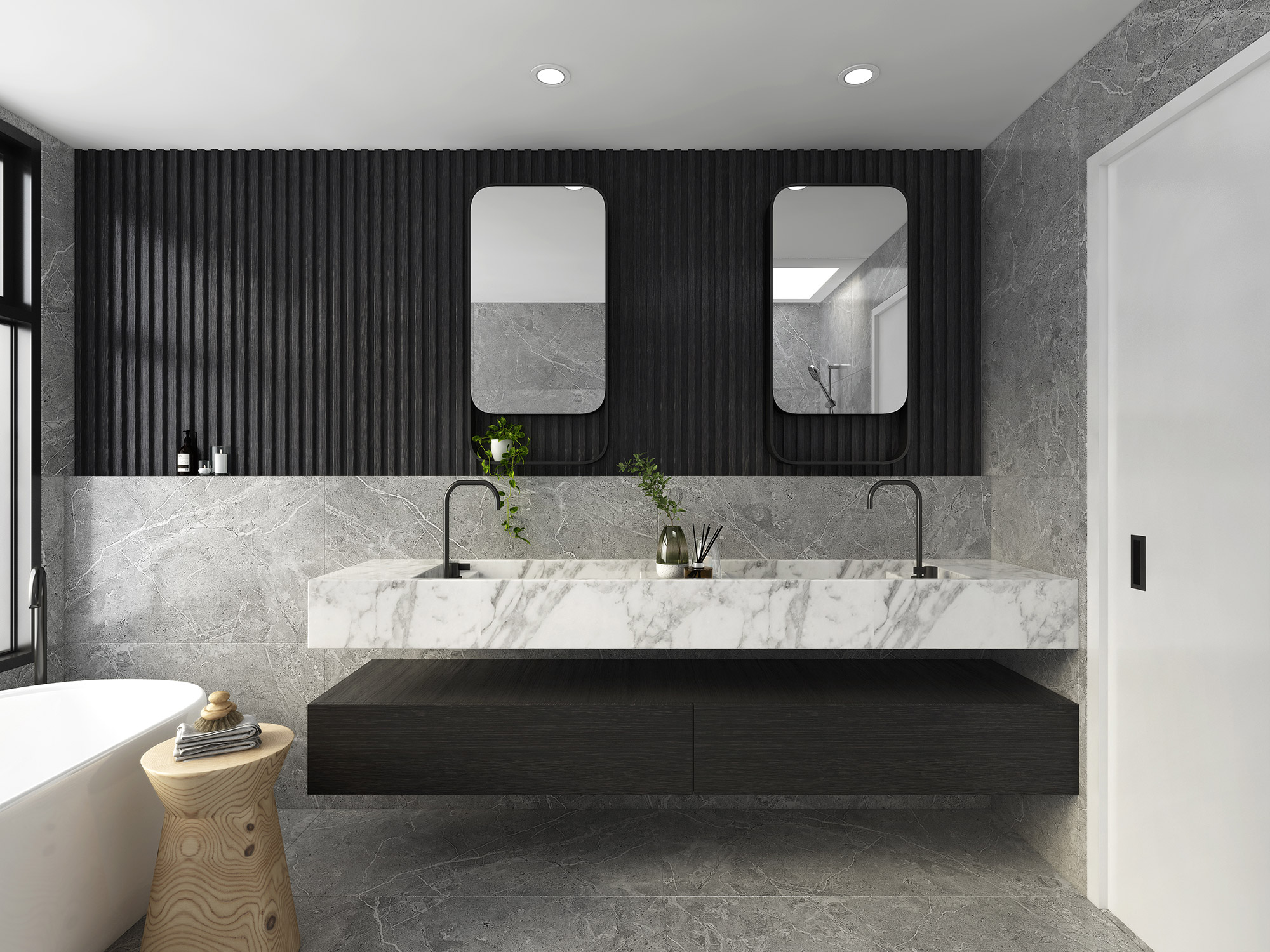 3D render modern bathroom with double vanity marble sink black accent wall floating cabinet minimalist fixtures and contemporary interior design
