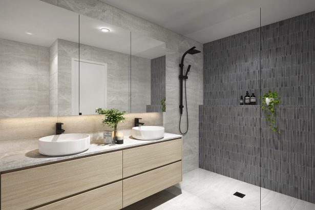 modern bathroom with double vanity sinks, walk-in shower, and gray tile walls