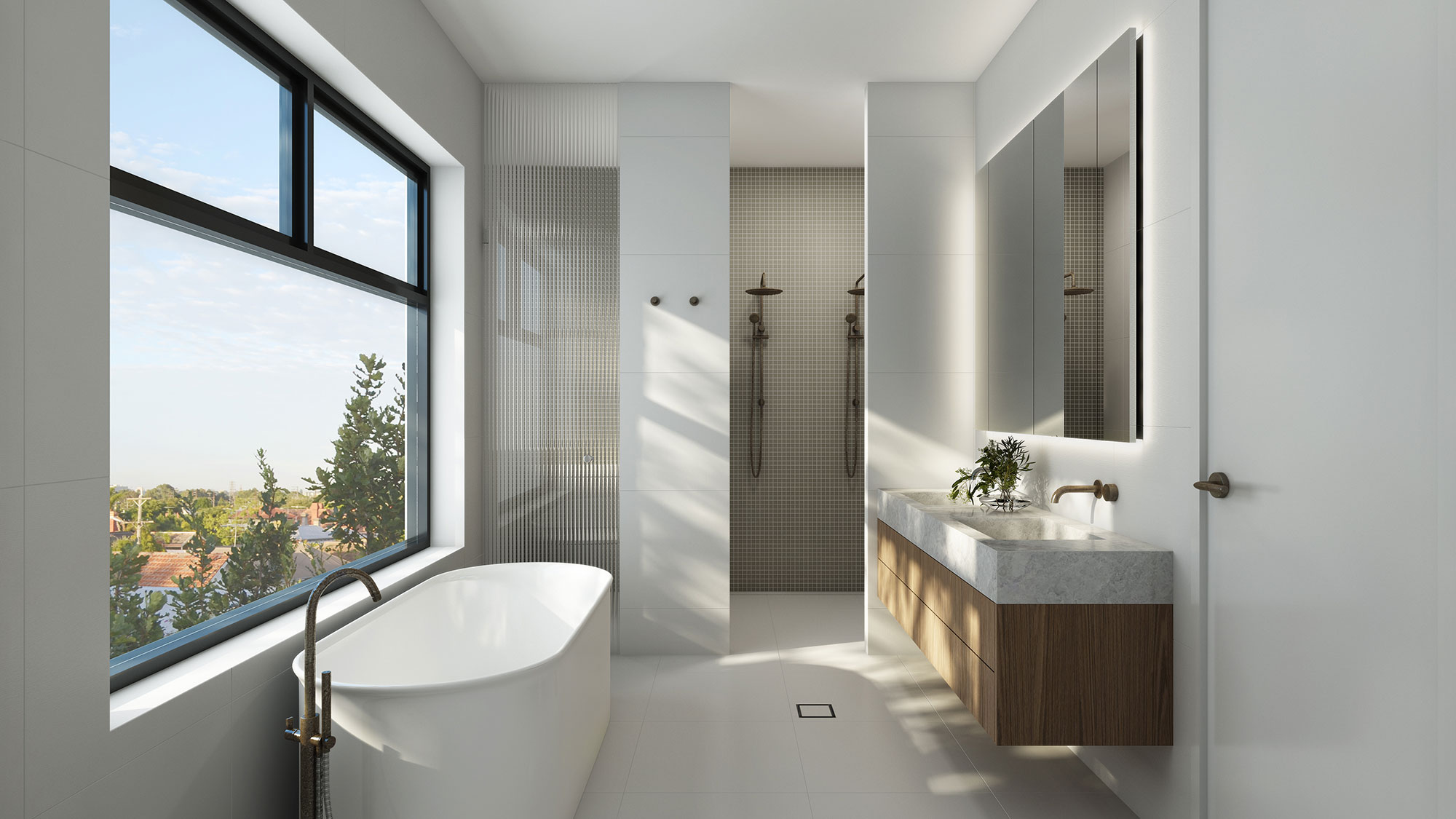 3D render modern bathroom with freestanding bathtub large window natural light floating vanity stone countertop walk in shower and minimal design