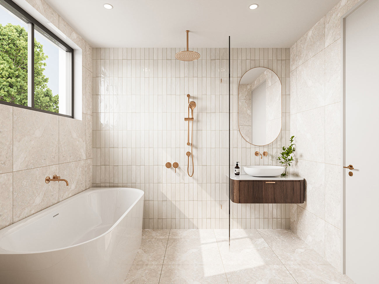 3D render modern bathroom with freestanding bathtub walk in shower wall mounted vanity oval mirror stone tiles natural light contemporary interior