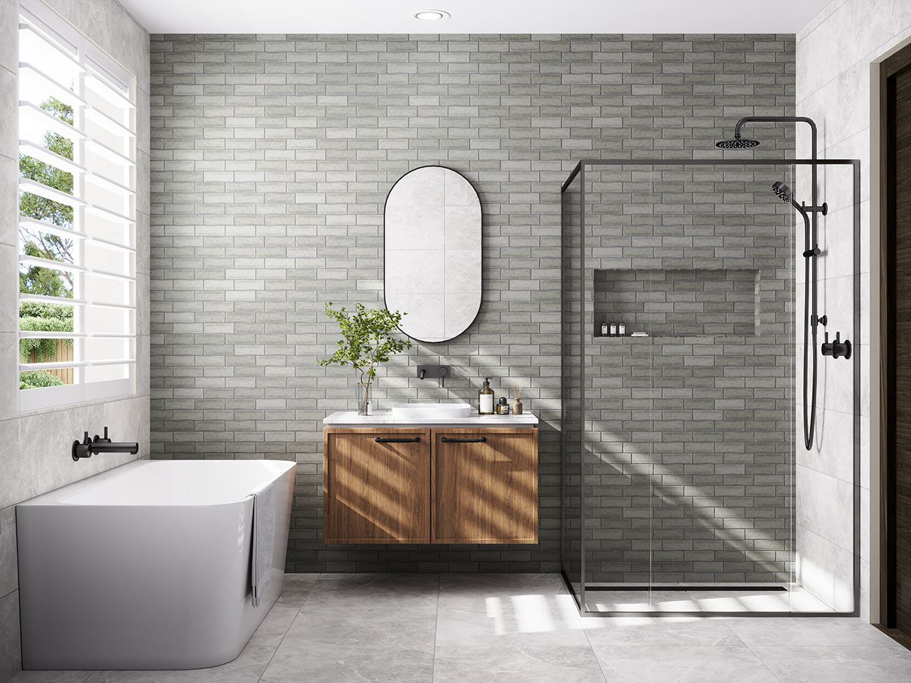 3D render modern bathroom with green subway tile feature wall wooden vanity freestanding bathtub walk in shower glass screen and natural light