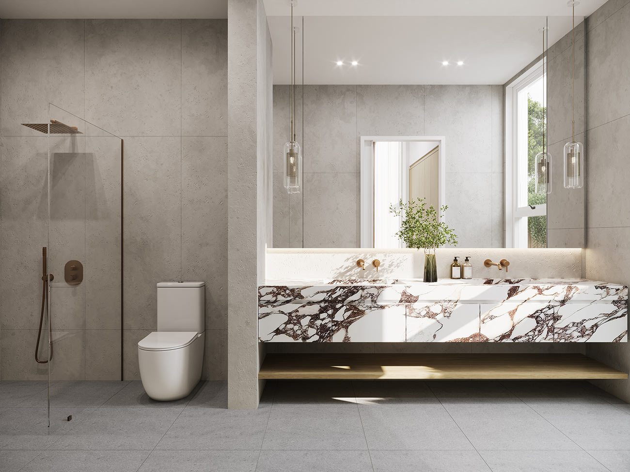 3D render modern bathroom with marble vanity double sink walk in shower glass partition grey tiles pendant lighting contemporary interior