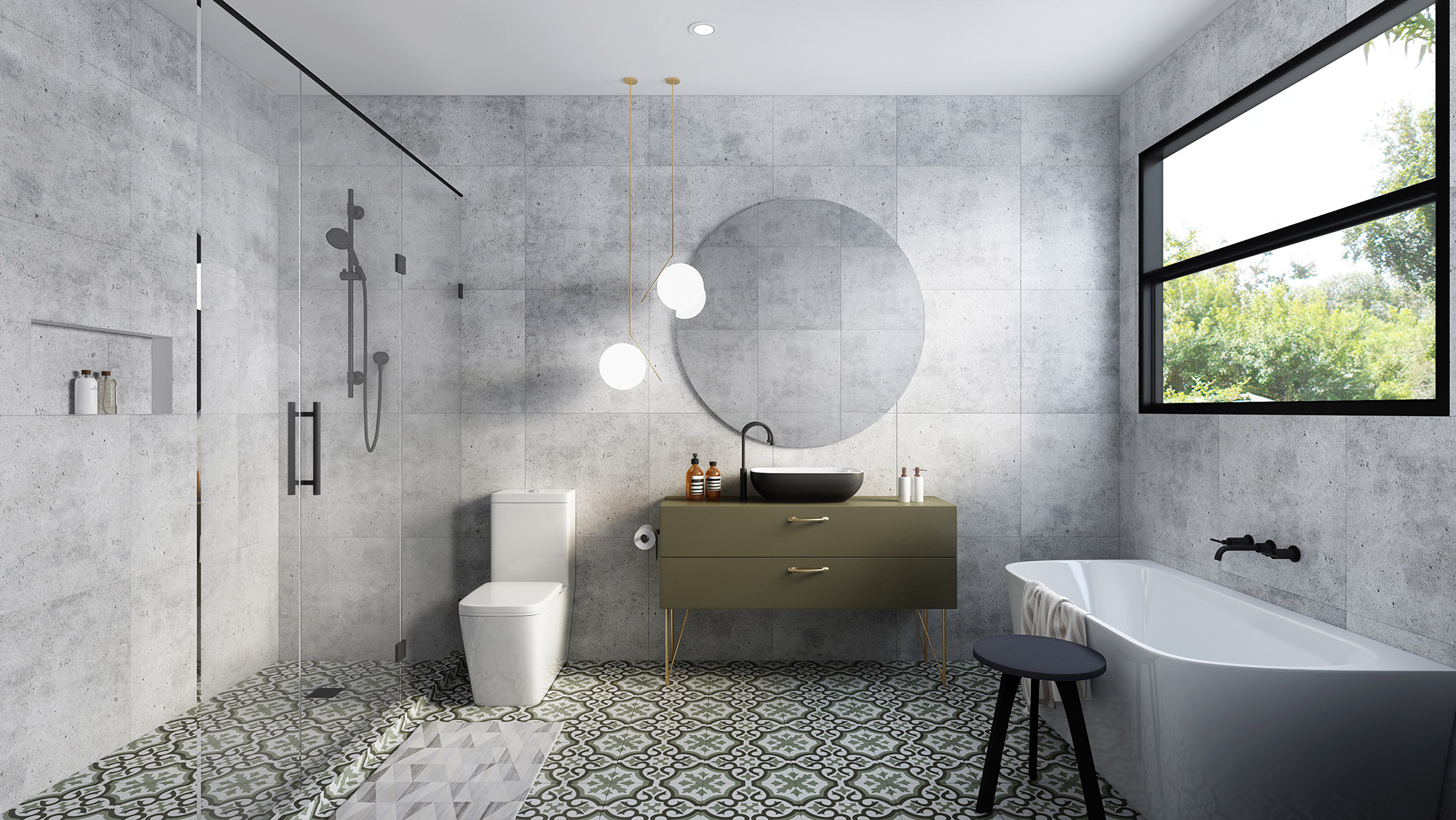 3D render modern bathroom with patterned tile floor freestanding bathtub floating vanity round mirror walk in shower glass enclosure and natural light