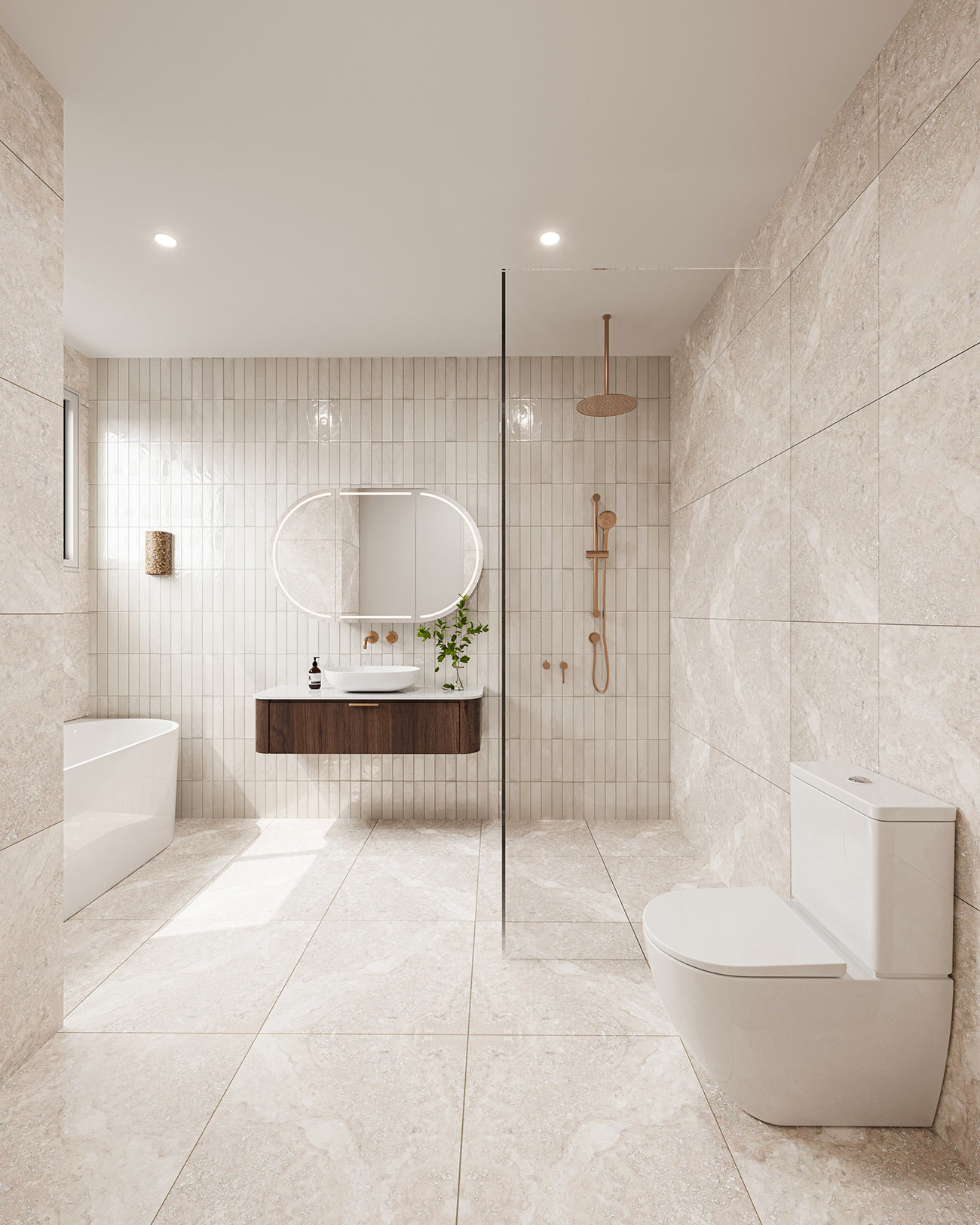 3d render modern bathroom with walk in shower glass partition freestanding bathtub floating vanity oval mirror stone tiles neutral tones contemporary interior