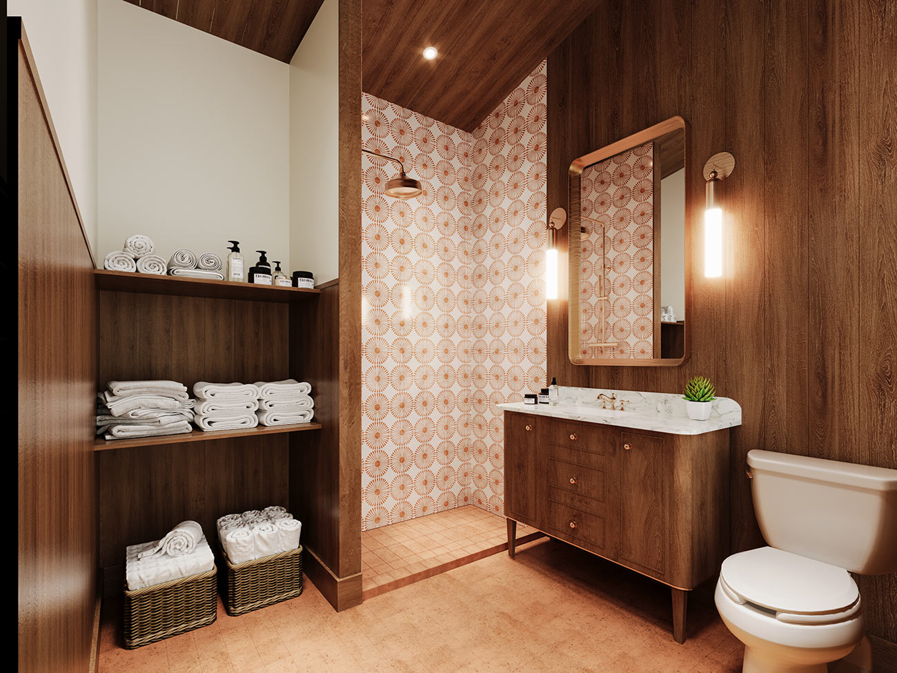 3D render modern bathroom with wood vanity patterned tile shower open shelving towels warm lighting contemporary interior