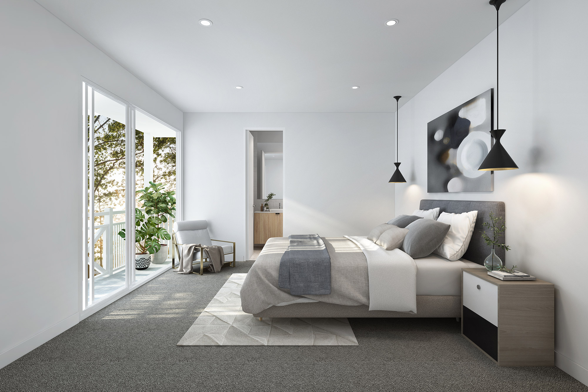 3D render modern minimalist bedroom with balcony sliding doors natural light indoor plant lounge chair and neutral decor