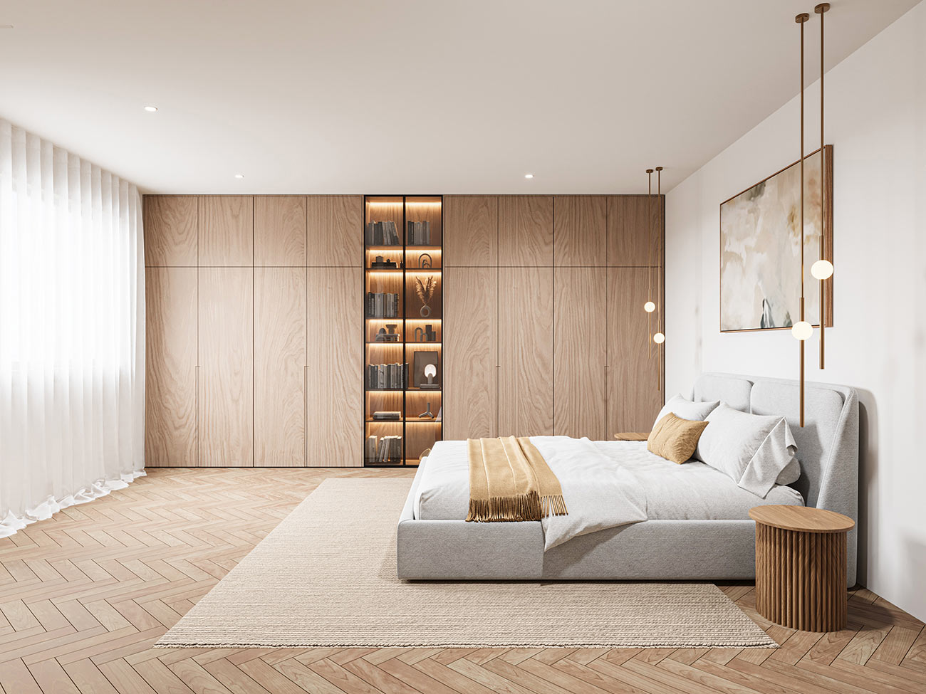 3D render modern bedroom with built-in wardrobe wood paneling herringbone floor soft lighting and minimalist contemporary styling