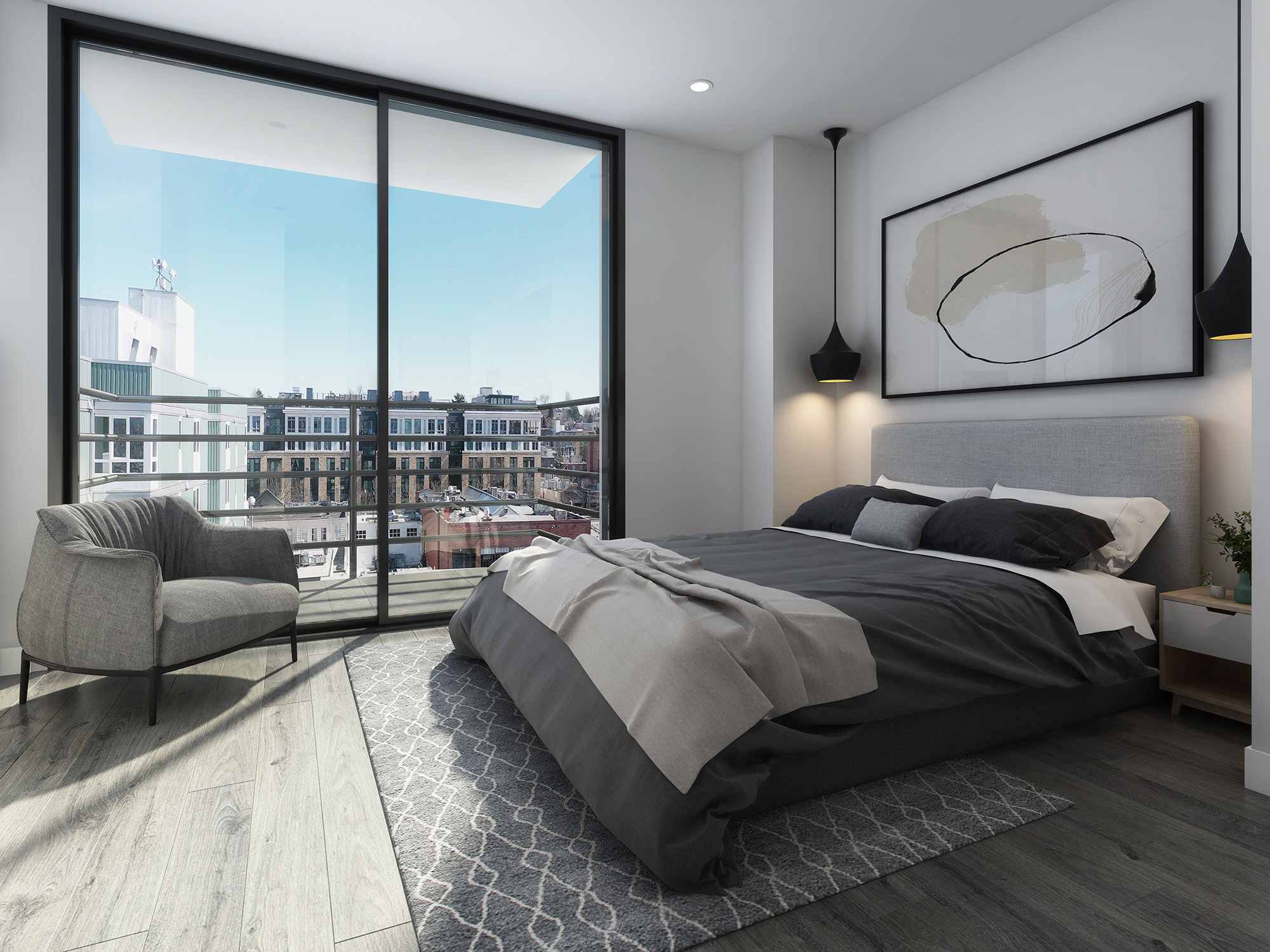 3D render modern minimalist bedroom with large window city view soft natural light upholstered bed pendant lighting and neutral interior design