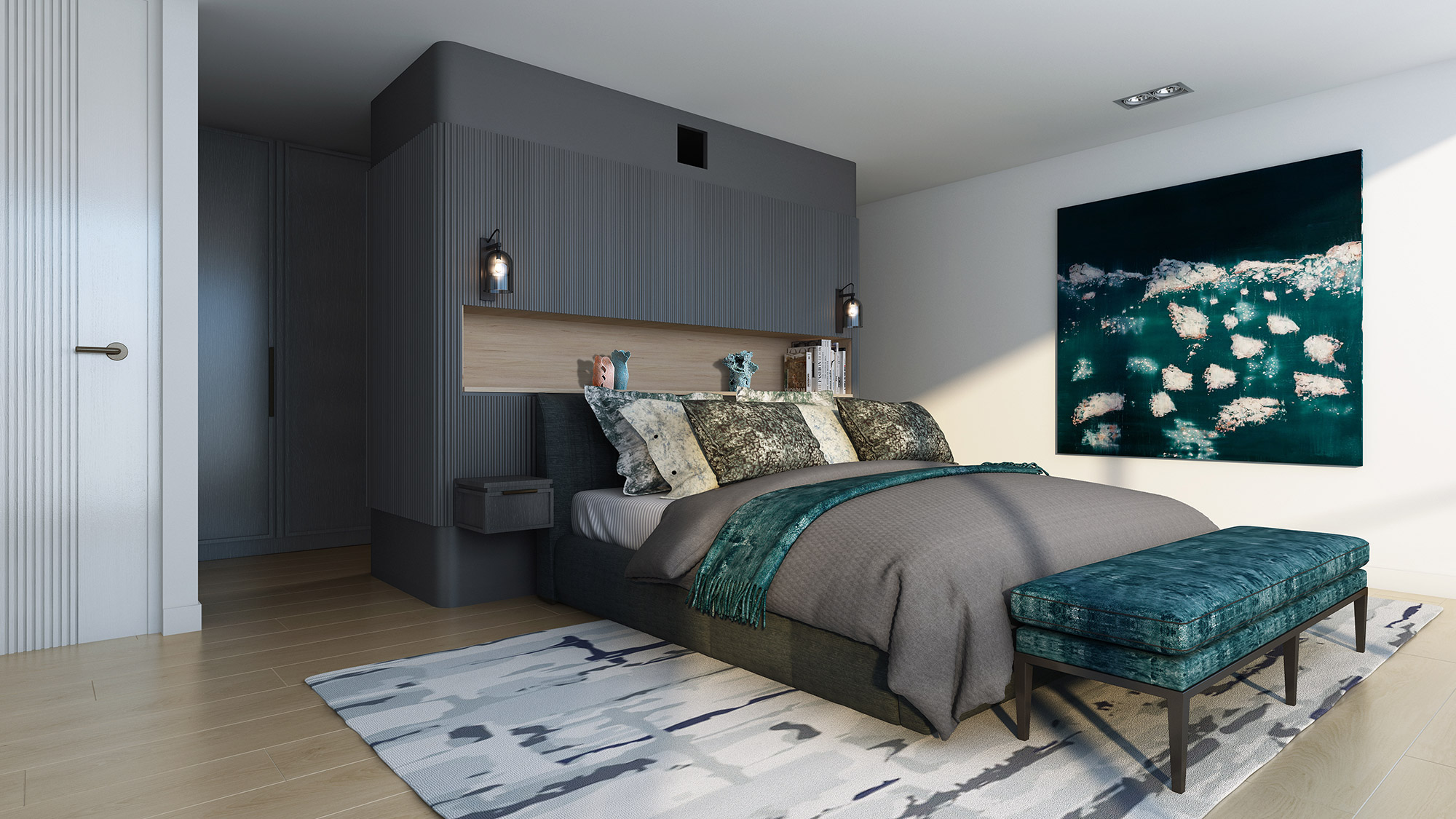 3D Render of modern bedroom featuring dark accent wall built in headboard shelving upholstered bed teal bench textured rug and contemporary interior styling