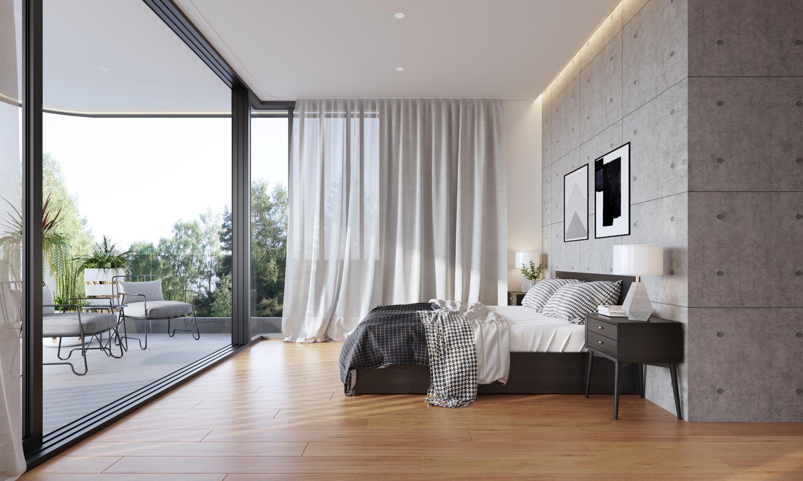 3D render modern bedroom with dark accent wall upholstered bed wall niche lighting decorative artwork and contemporary styling