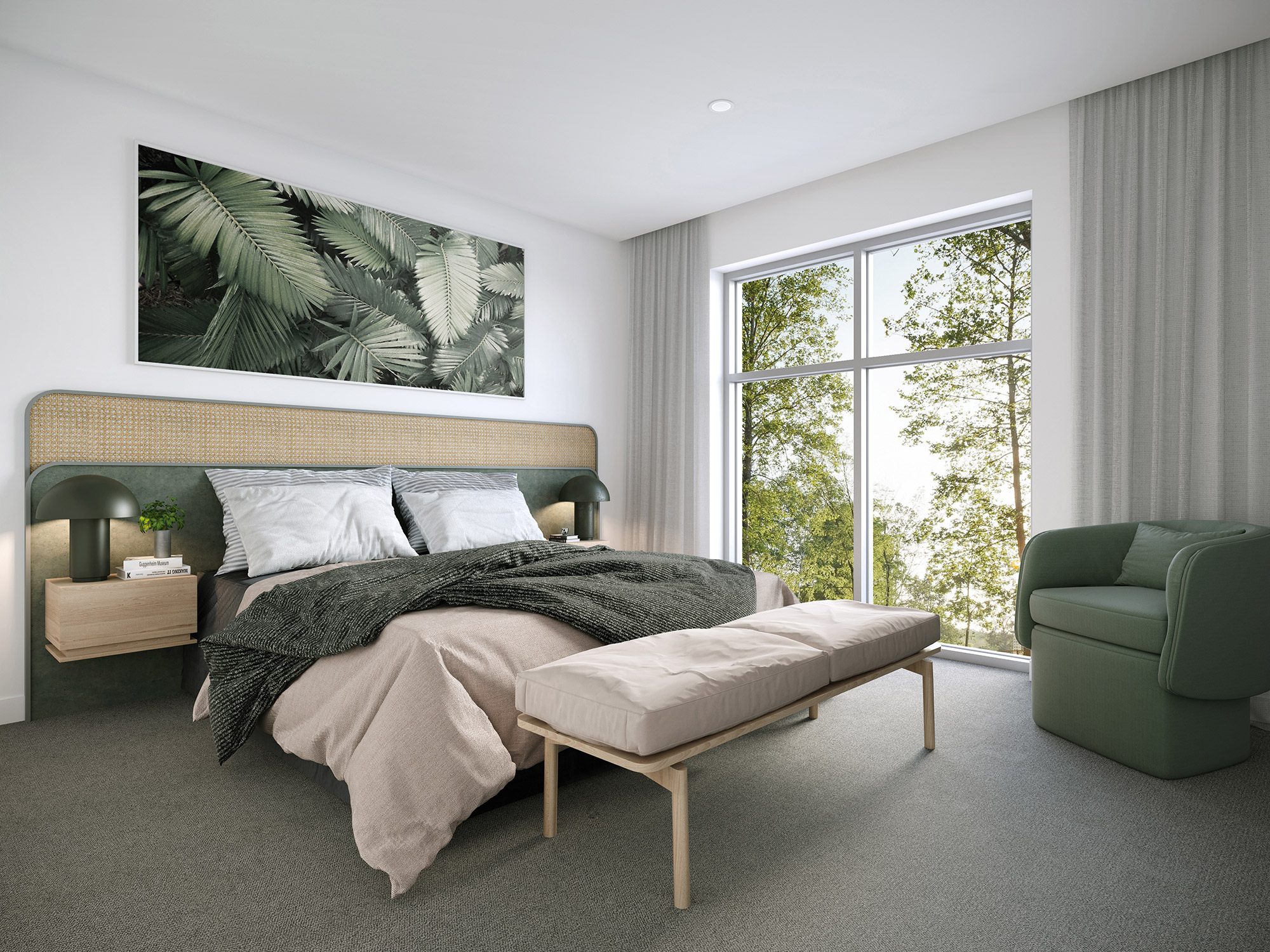3D render modern bedroom with green accent chair large window natural light upholstered bed neutral tones and minimalist decor
