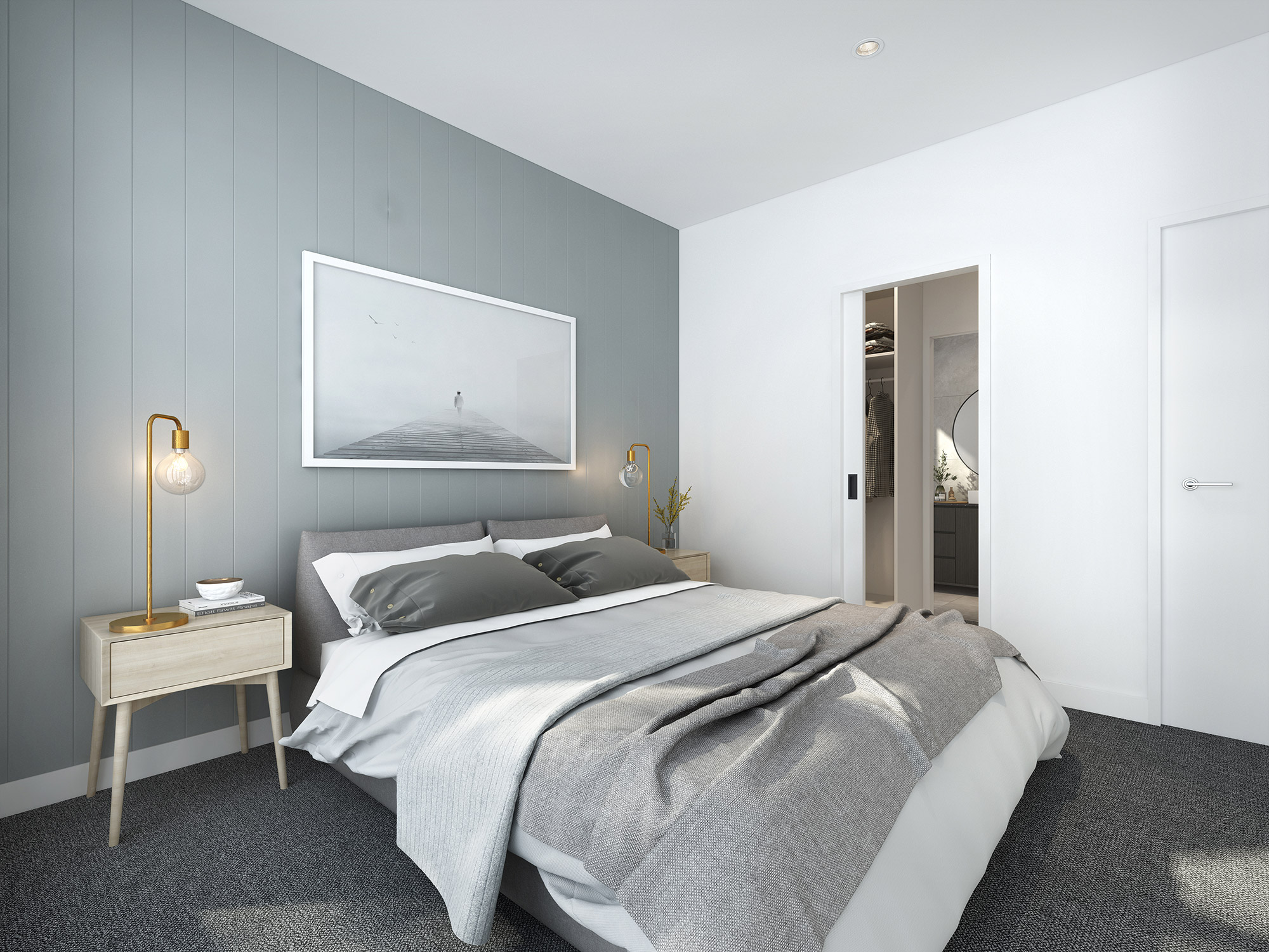 3D render modern bedroom with grey panel accent wall bedside tables pendant lighting soft neutral bedding and minimalist decor