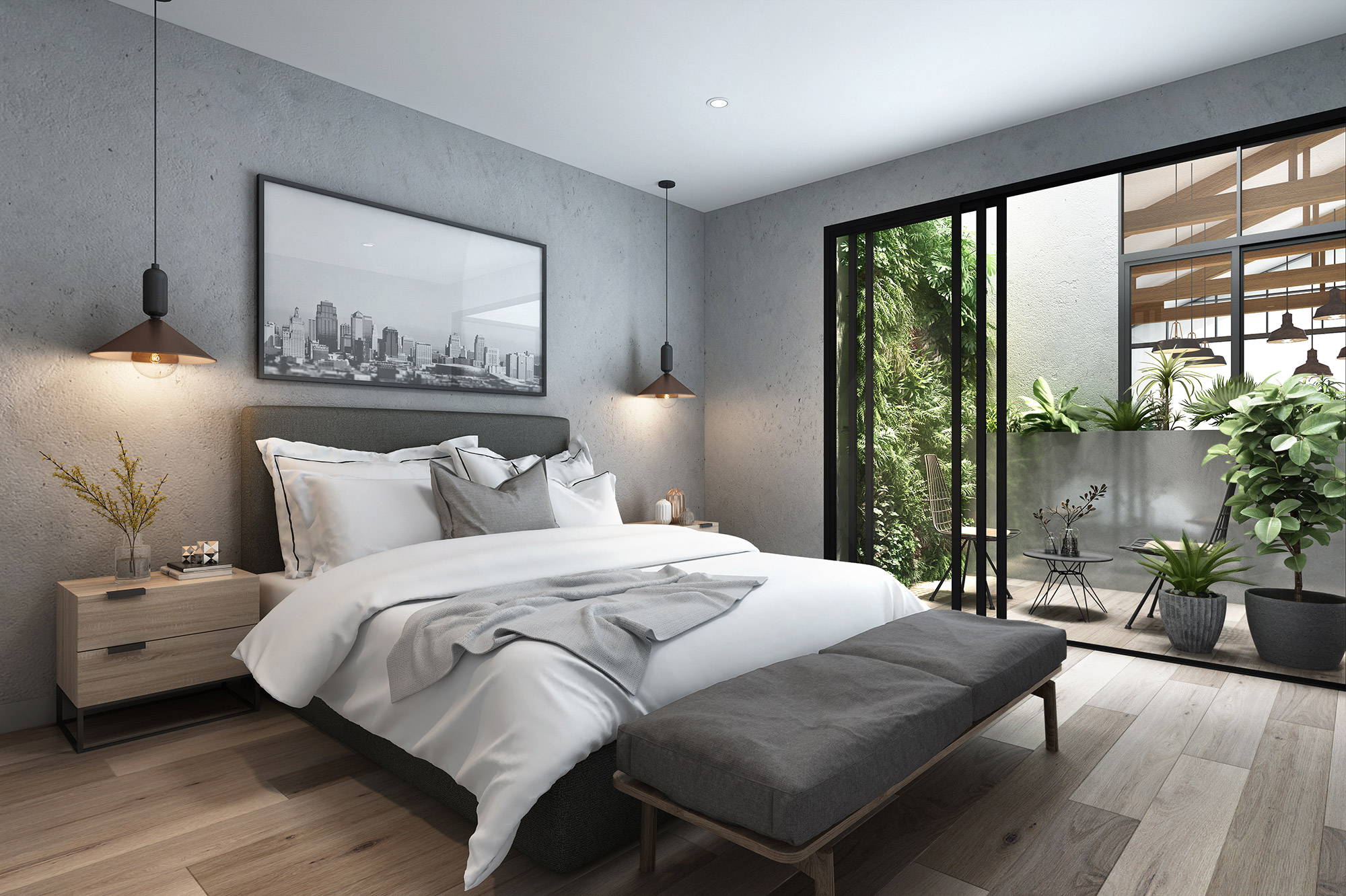 3D render modern bedroom with concrete walls upholstered bed pendant lighting sliding glass doors and lush outdoor patio greenery