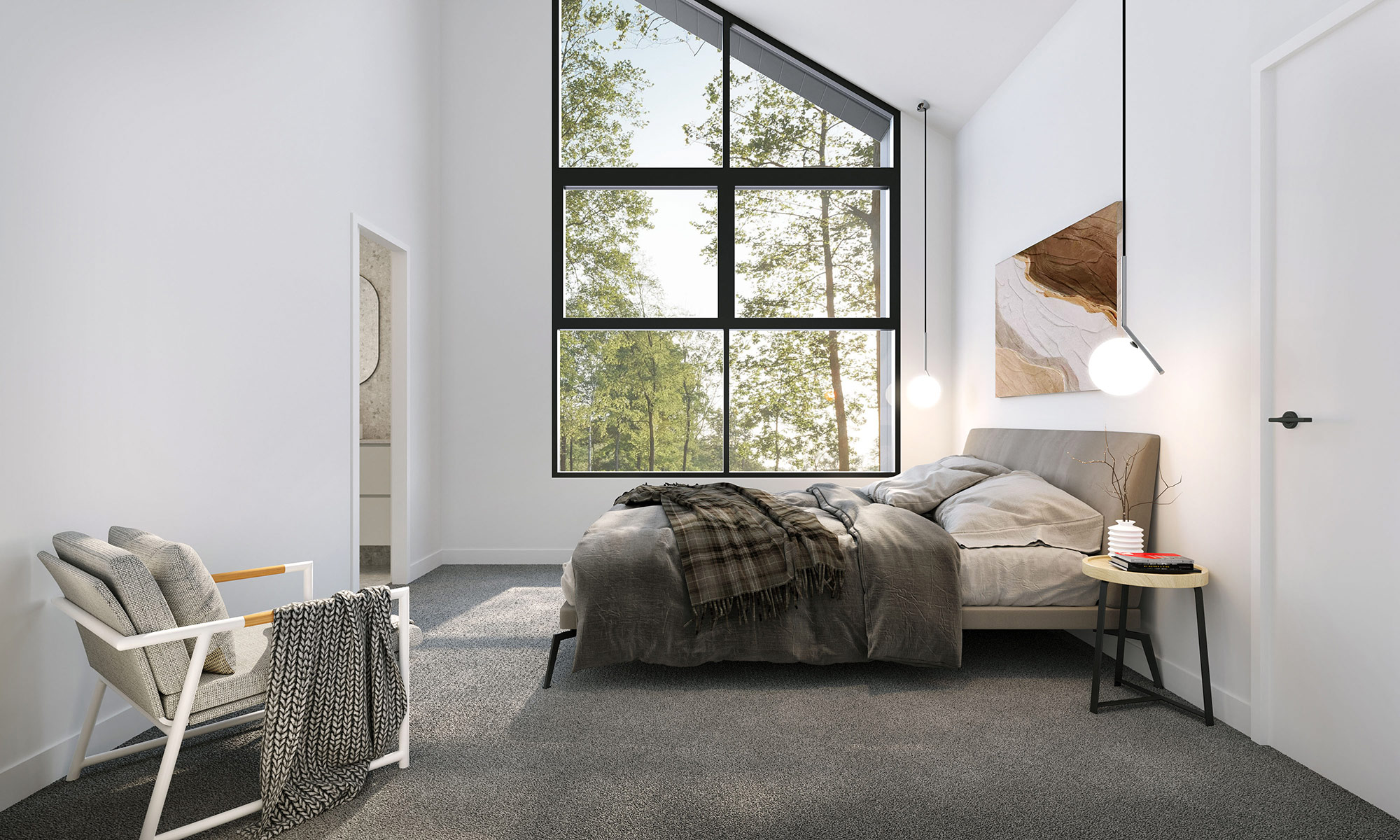 3D render modern bedroom with large window natural light minimalist decor cozy bedding accent chair and neutral tones