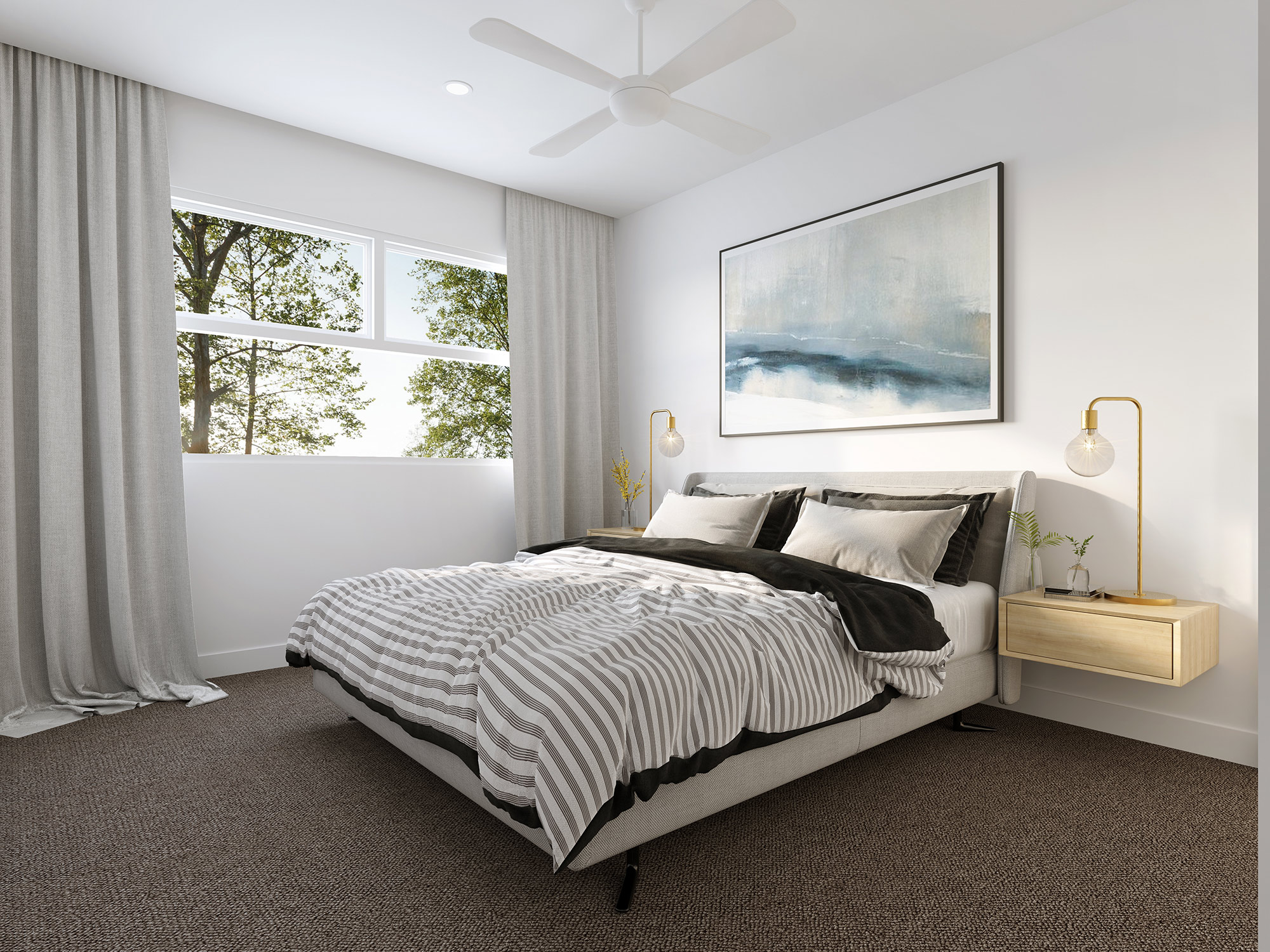3D render modern bedroom with large window natural light soft curtains minimalist decor neutral tones and cozy bed styling