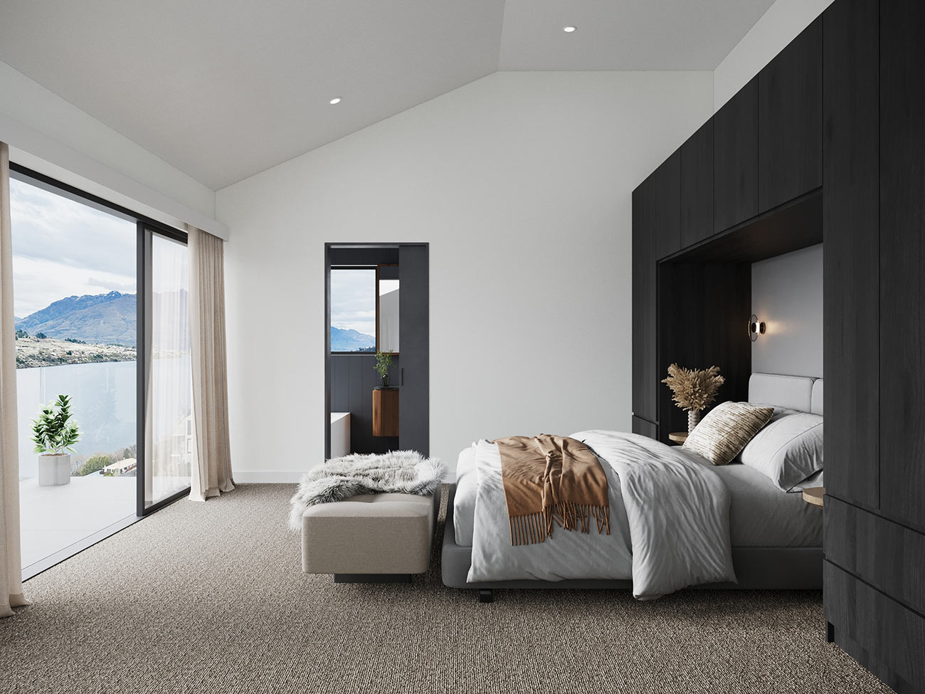 3D Render modern minimalist bedroom with built in dark wood wardrobe mountain view balcony soft neutral tones carpet flooring and natural lighting
