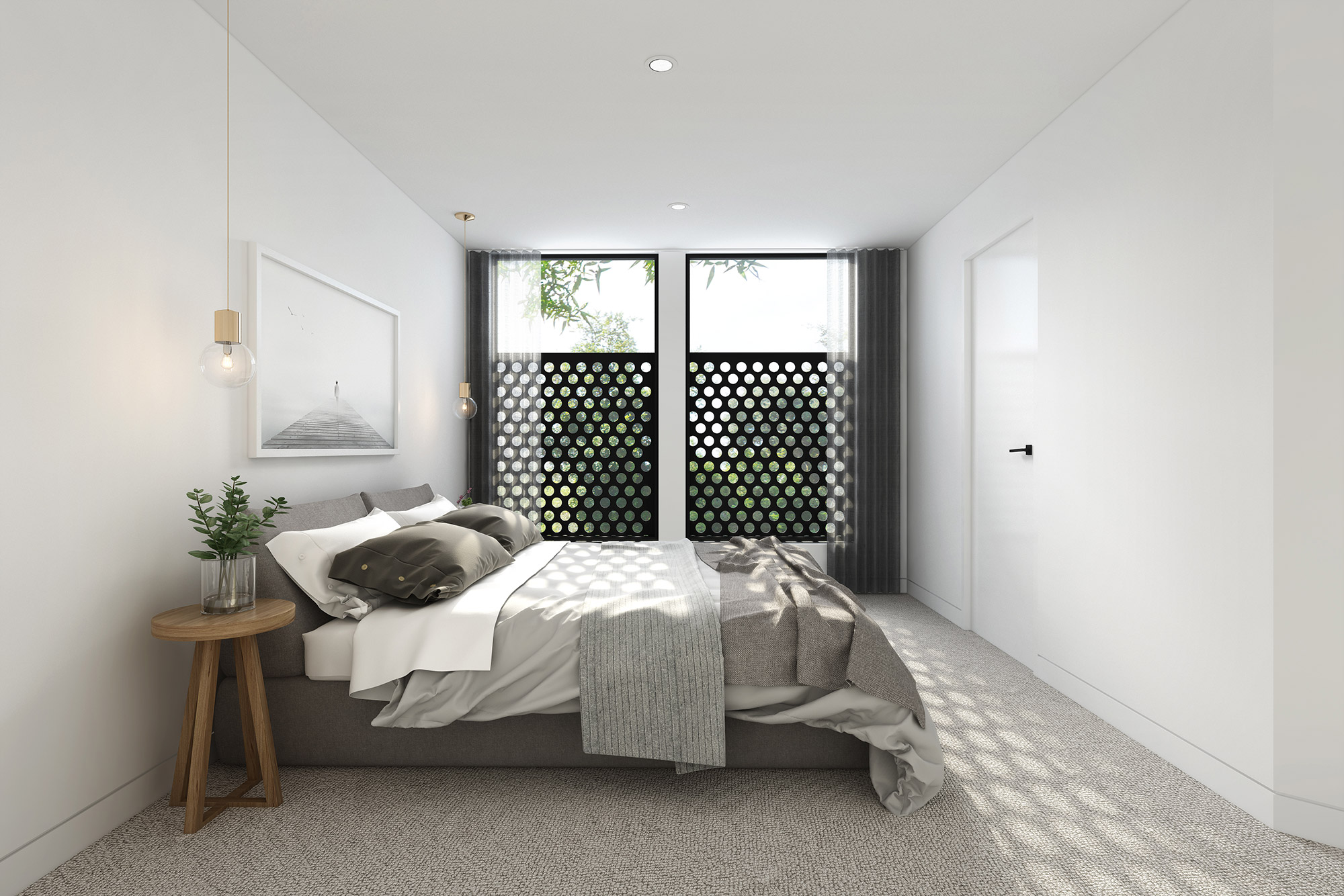 3D render modern bedroom with perforated screen window soft natural light minimalist decor neutral tones and cozy bed styling