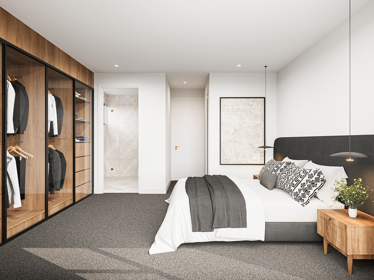 3D render modern bedroom with walk-in wardrobe glass doors ensuite bathroom neutral tones and minimalist decor