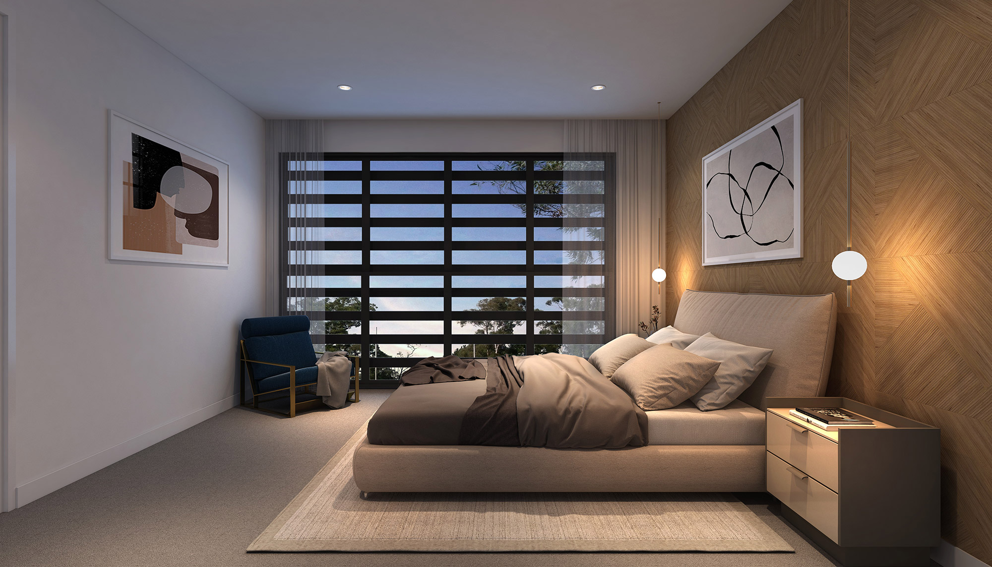 3D Render of modern bedroom featuring wood feature wall warm ambient lighting upholstered bed soft textiles contemporary furniture and cozy interior design