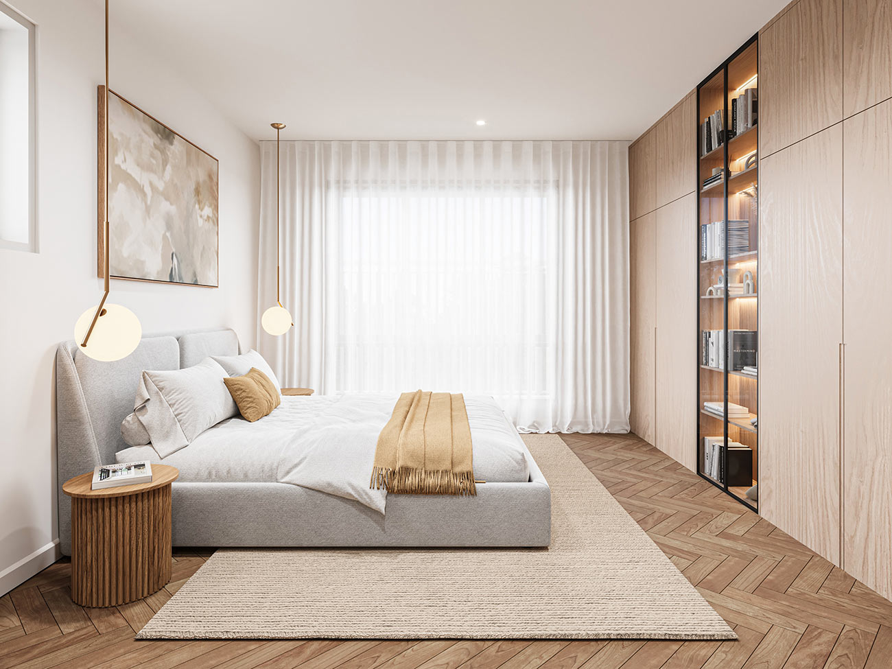 3D render modern bedroom with built-in wood wardrobe shelving pendant lights soft neutral bedding and minimalist decor