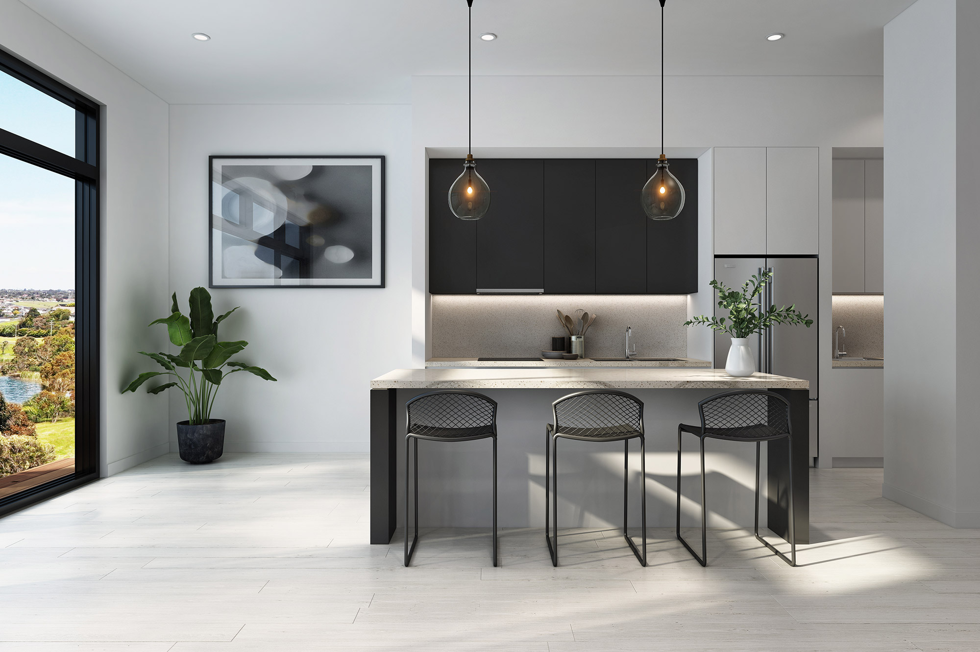3D Render of modern black and white kitchen featuring island seating pendant lighting minimalist cabinetry large window natural light and contemporary interior design