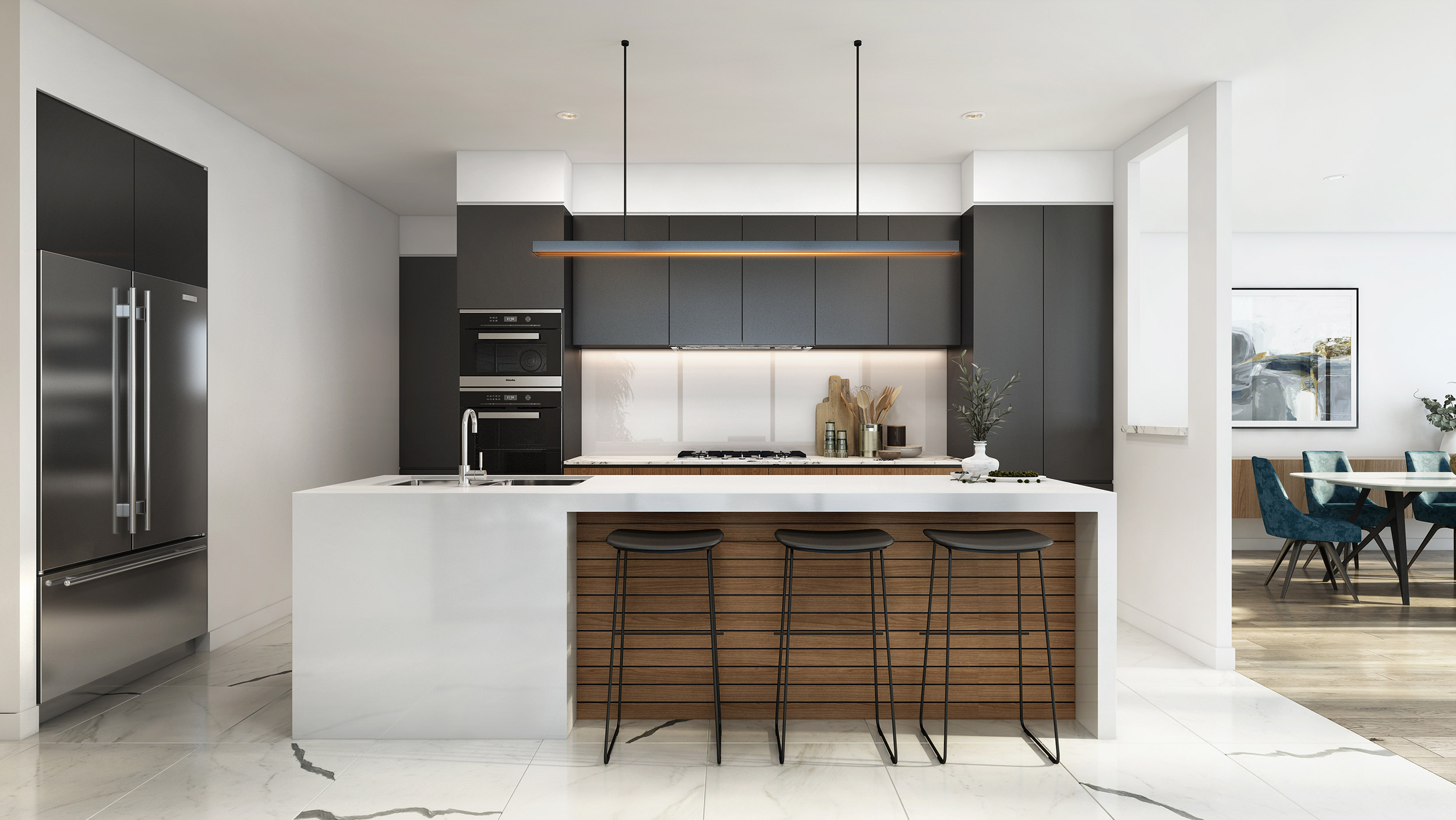 3D Render of modern black and white kitchen featuring island with timber accent bar seating minimalist cabinetry pendant lighting and contemporary interior design