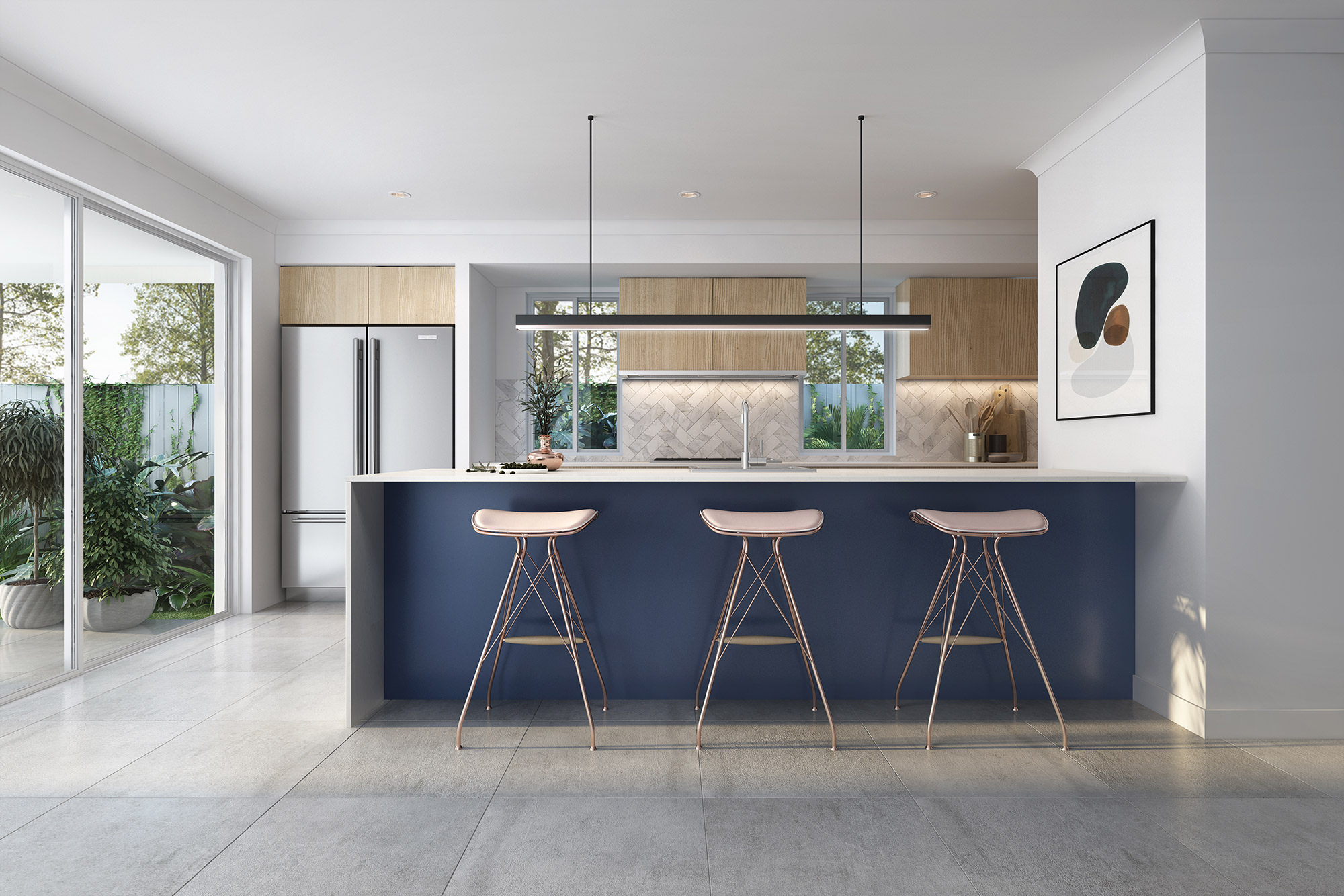 3D render modern kitchen with blue island bar stools open plan layout large windows and contemporary interior design