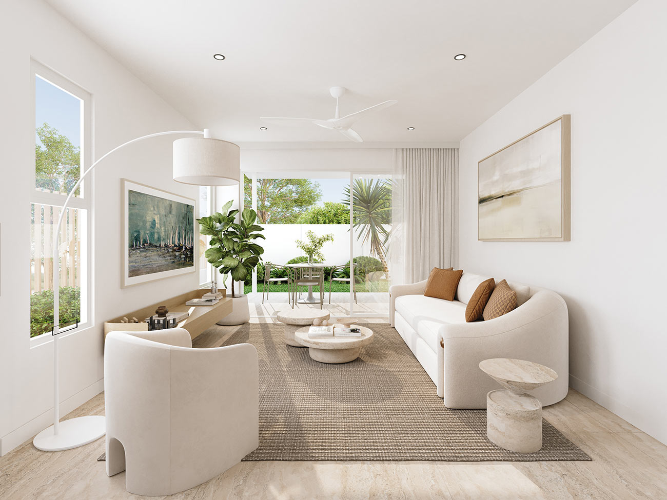 3D render bright modern living room with curved sofa armchairs floor lamp garden view indoor plants neutral tones contemporary interior