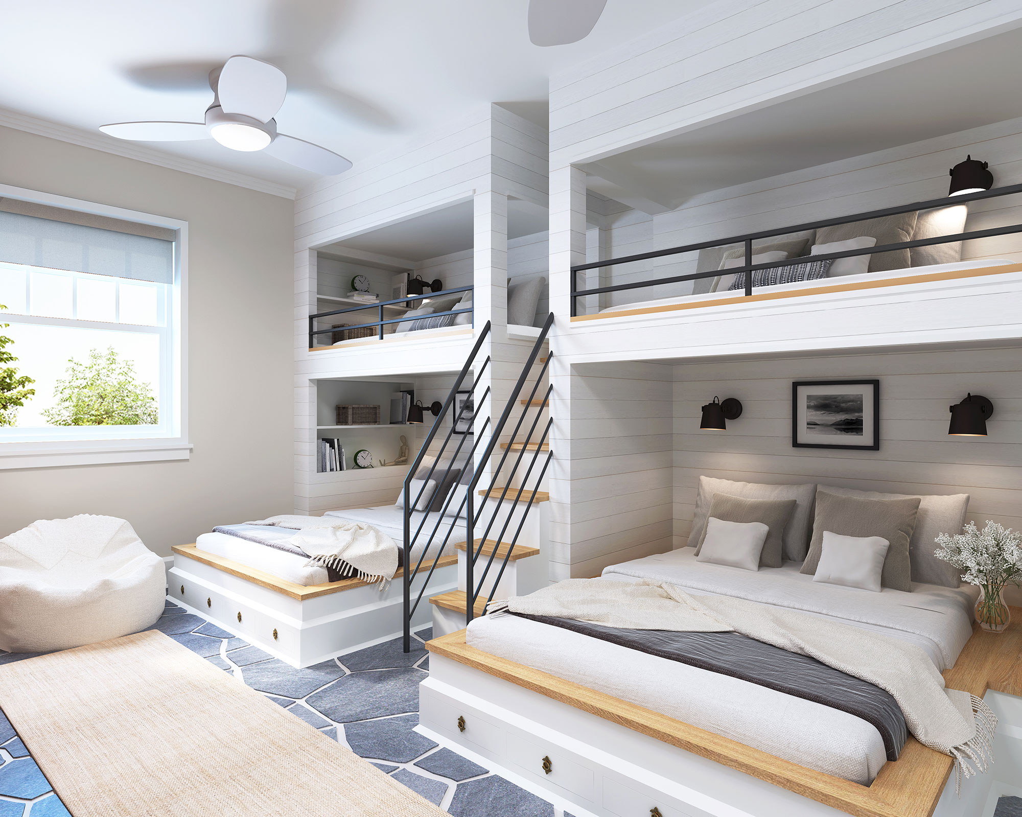 3D render modern bunk bedroom with loft design multi level beds staircase built in shelving white wood interior and cozy minimalist styling