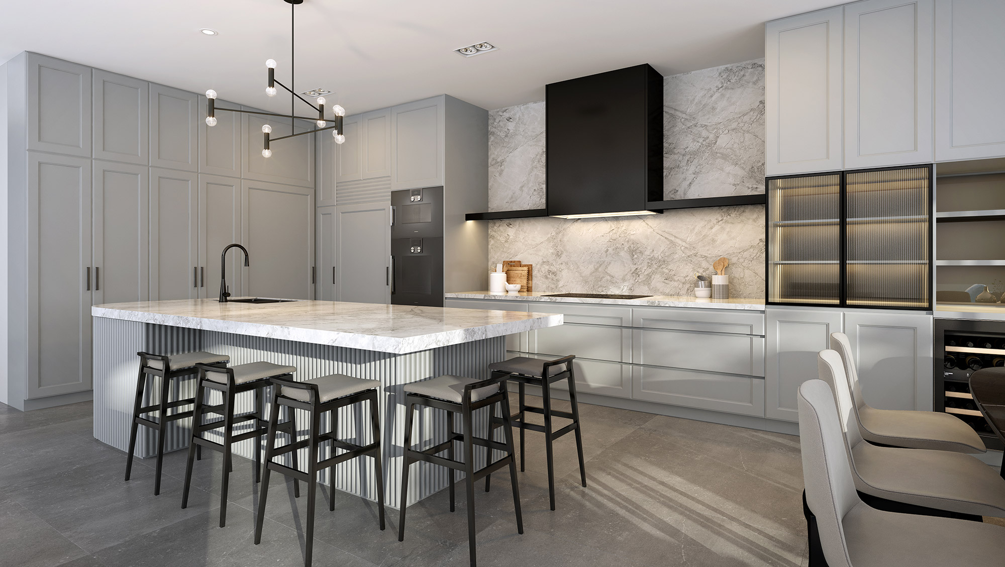 3D Render of modern classic kitchen featuring marble backsplash fluted island gray cabinetry pendant lighting bar stools and elegant contemporary interior design