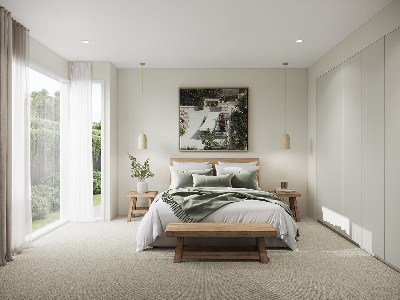 3D render modern coastal bedroom with natural light large window wood furniture soft neutral tones pendant lighting and minimalist styling