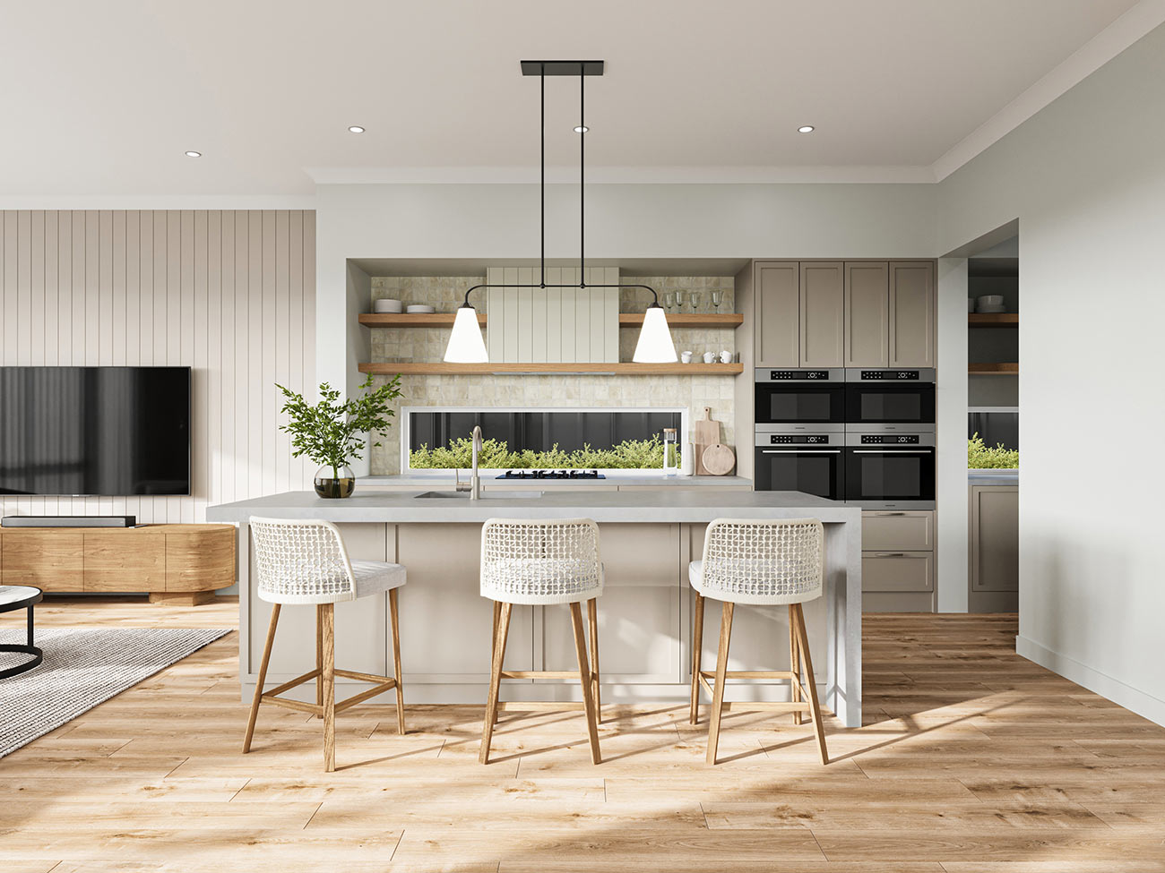 3D Render of modern coastal kitchen featuring neutral tones island bar seating open shelving timber flooring and relaxed contemporary interior design